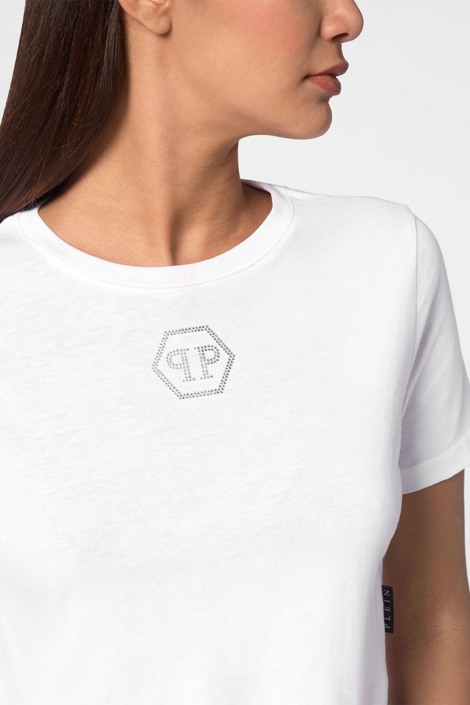 PHILIPP PLEIN T-SHIRT ROUND NECK SS CRYSTAL HEXAGON LOGO ΣΤΡΑΣ ΛΕΥΚΟ