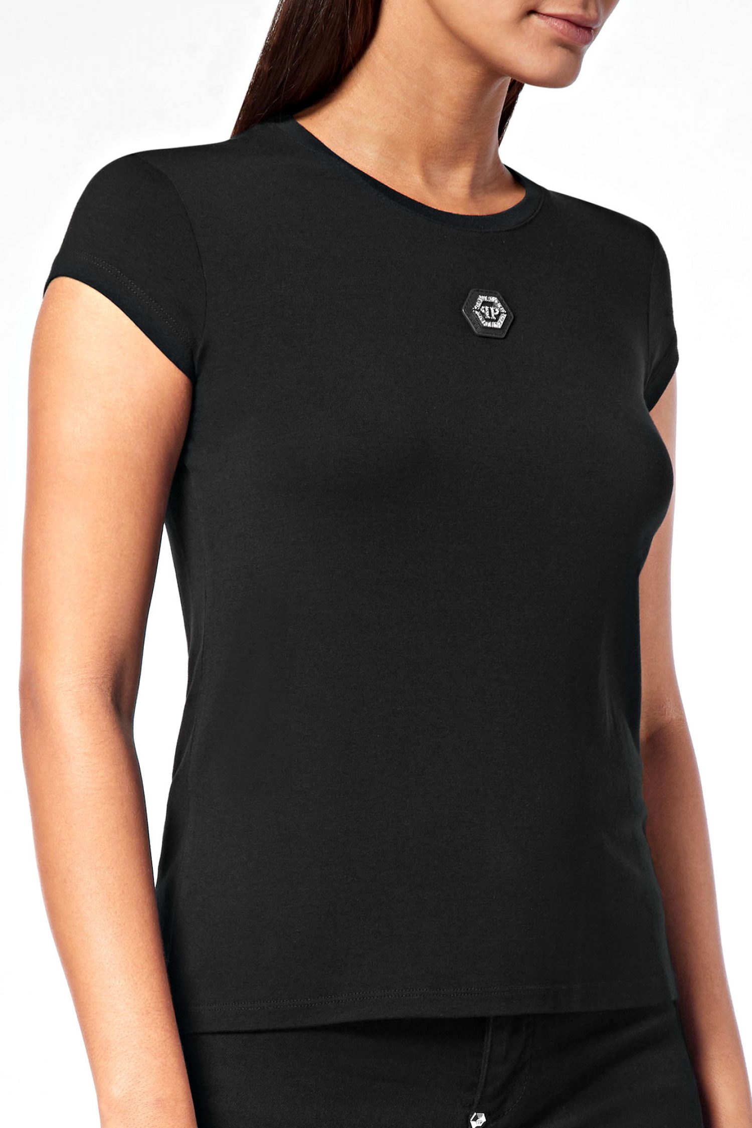 PHILIPP PLEIN T-SHIRT ROUND NECK SS ALL OVER MONOGRAM C-THROU ΜΑΥΡΟ