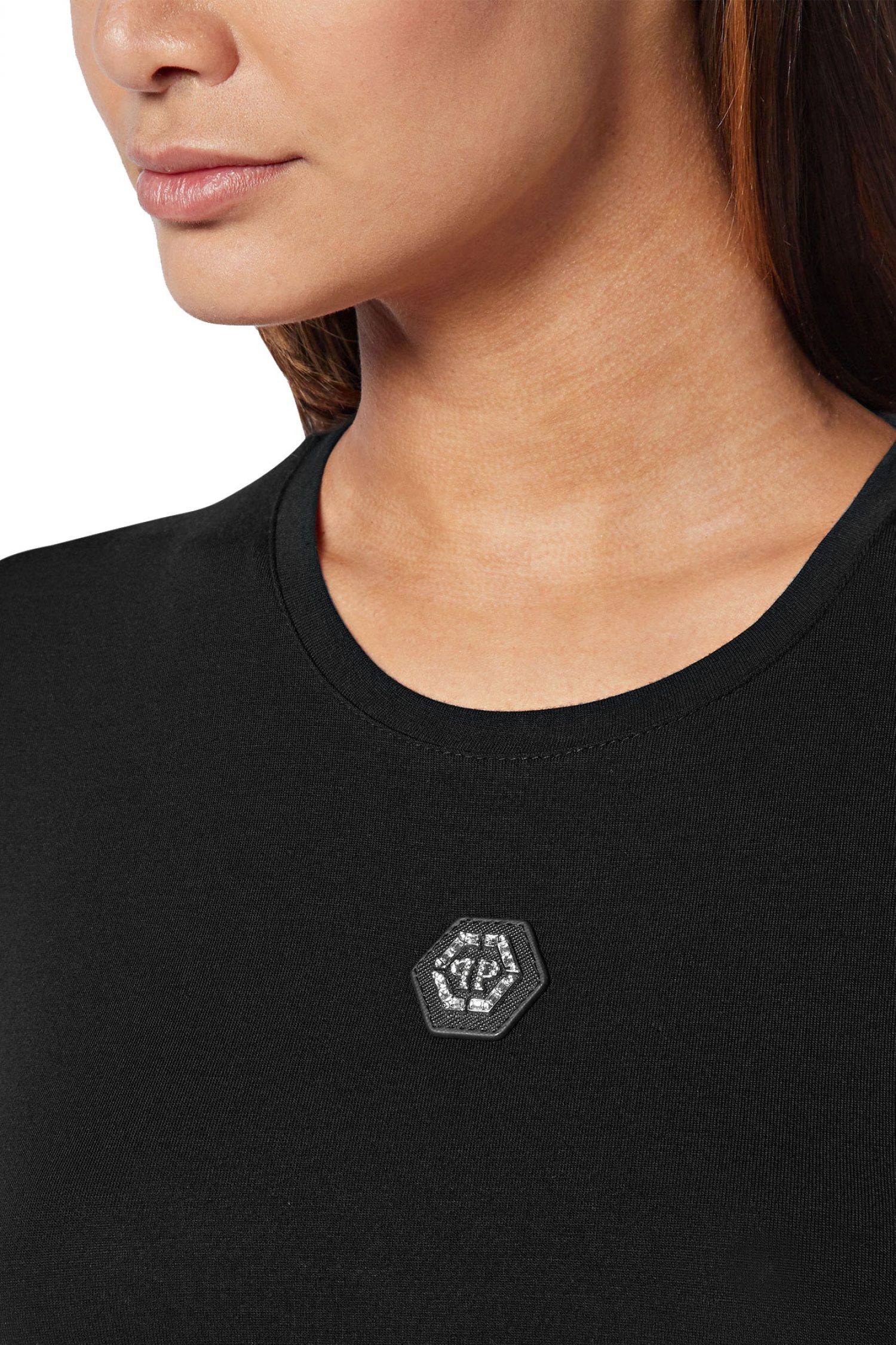 PHILIPP PLEIN T-SHIRT ROUND NECK SS ALL OVER MONOGRAM C-THROU ΜΑΥΡΟ