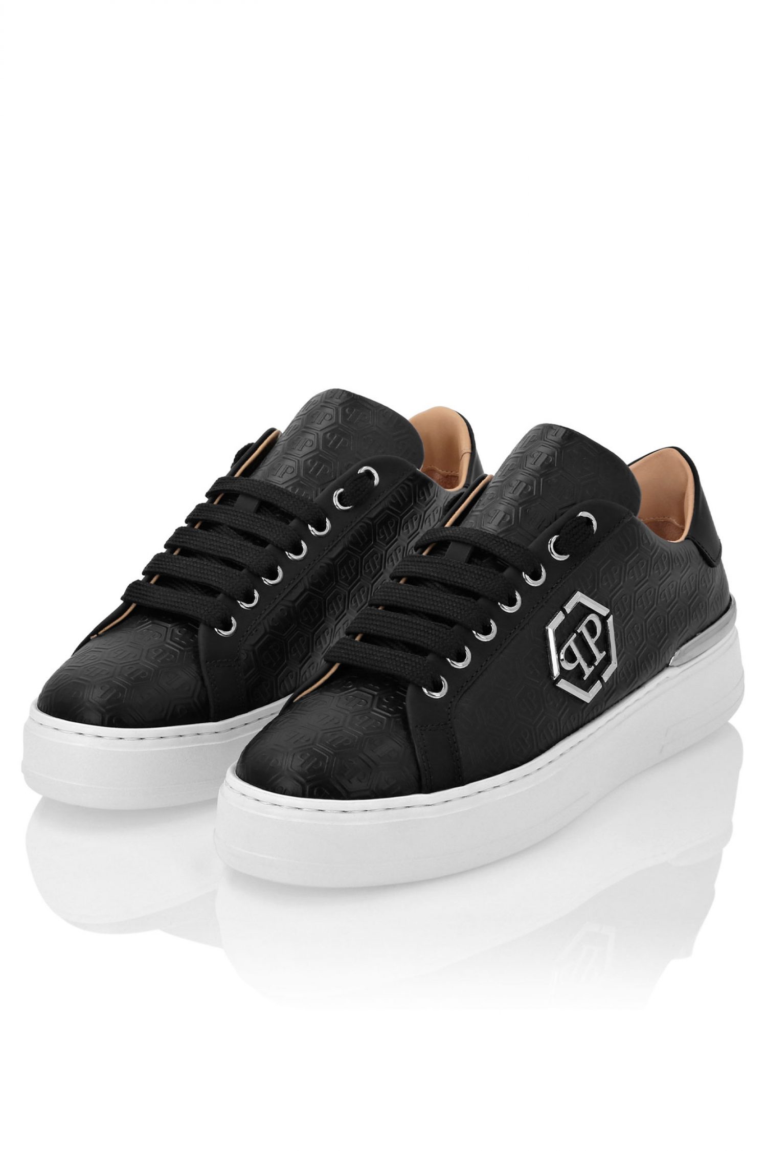 PHILIPP PLEIN SNEAKERS NAPPA LEATHER LO-TOP ALL OVER MONOGRAM LOGO ΜΕΤΑΛΛΙΚΟ ΜΑΥΡΟ φωτογραφία
