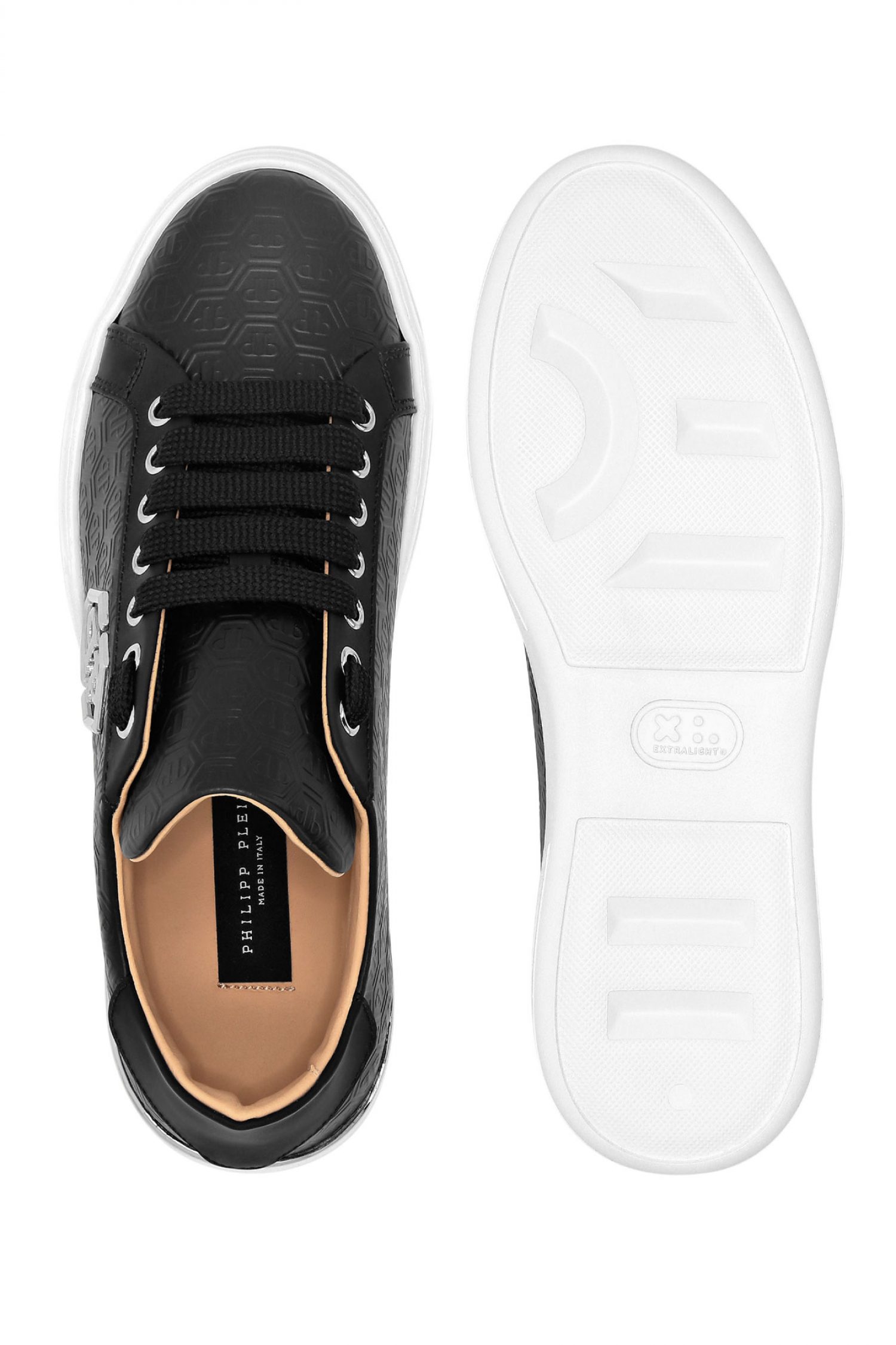 PHILIPP PLEIN SNEAKERS NAPPA LEATHER LO-TOP ALL OVER MONOGRAM LOGO ΜΕΤΑΛΛΙΚΟ ΜΑΥΡΟ φωτογραφία