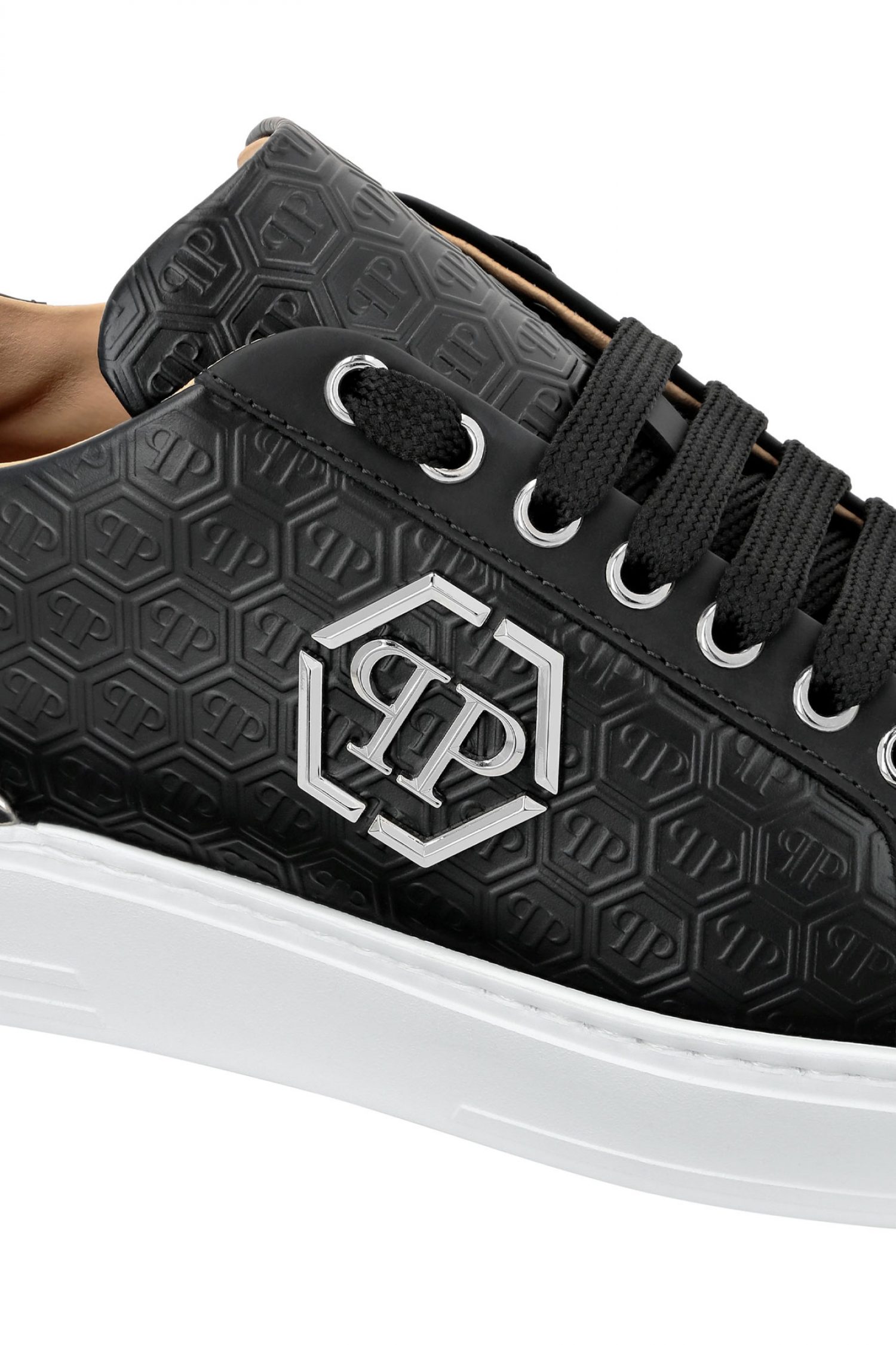 PHILIPP PLEIN SNEAKERS NAPPA LEATHER LO-TOP ALL OVER MONOGRAM LOGO ΜΕΤΑΛΛΙΚΟ ΜΑΥΡΟ φωτογραφία