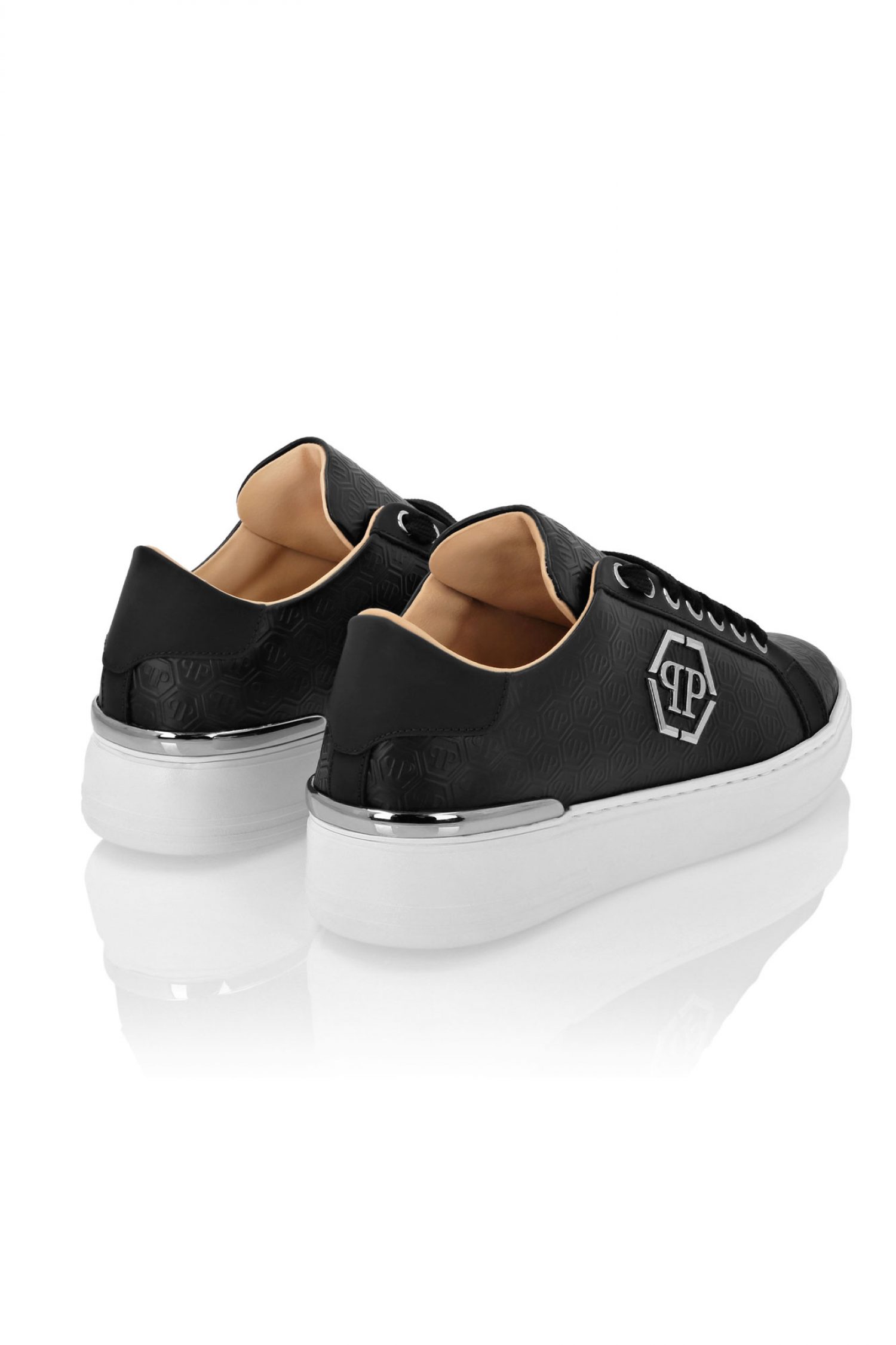 PHILIPP PLEIN SNEAKERS NAPPA LEATHER LO-TOP ALL OVER MONOGRAM LOGO ΜΕΤΑΛΛΙΚΟ ΜΑΥΡΟ φωτογραφία