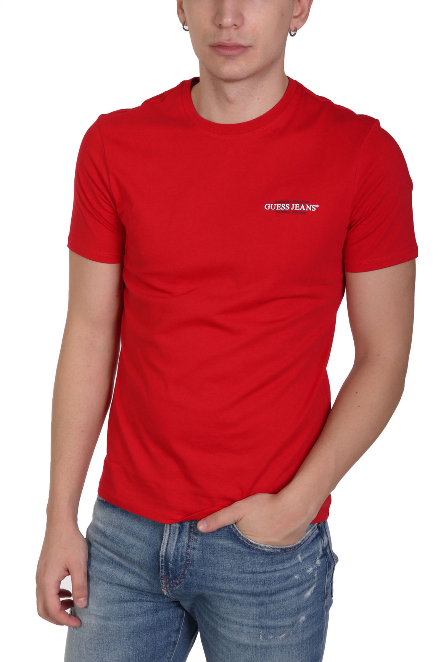 GUESS JEANS T-SHIRT CREWNECK SLIM FIT LOGO ΚΟΚΚΙΝΟ φωτογραφία