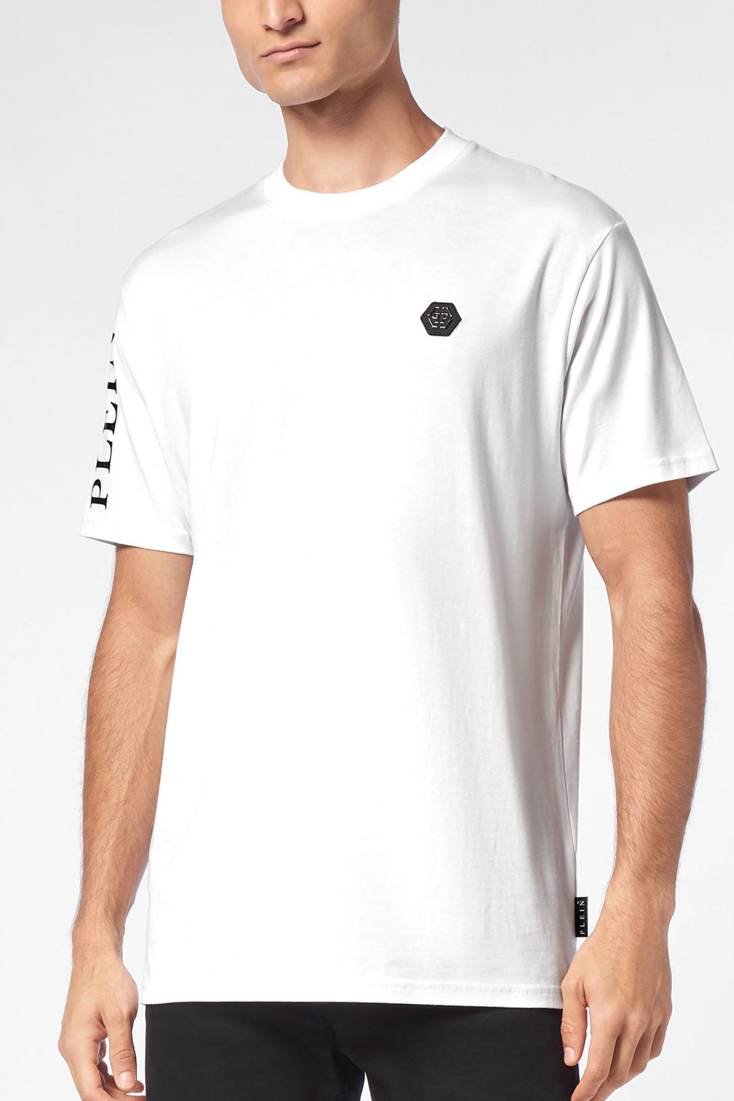 PHILIPP PLEIN T-SHIRT ROUND NECK SS LOGO ΜΕΤΑΛΛΙΚΟ ΛΕΥΚΟ