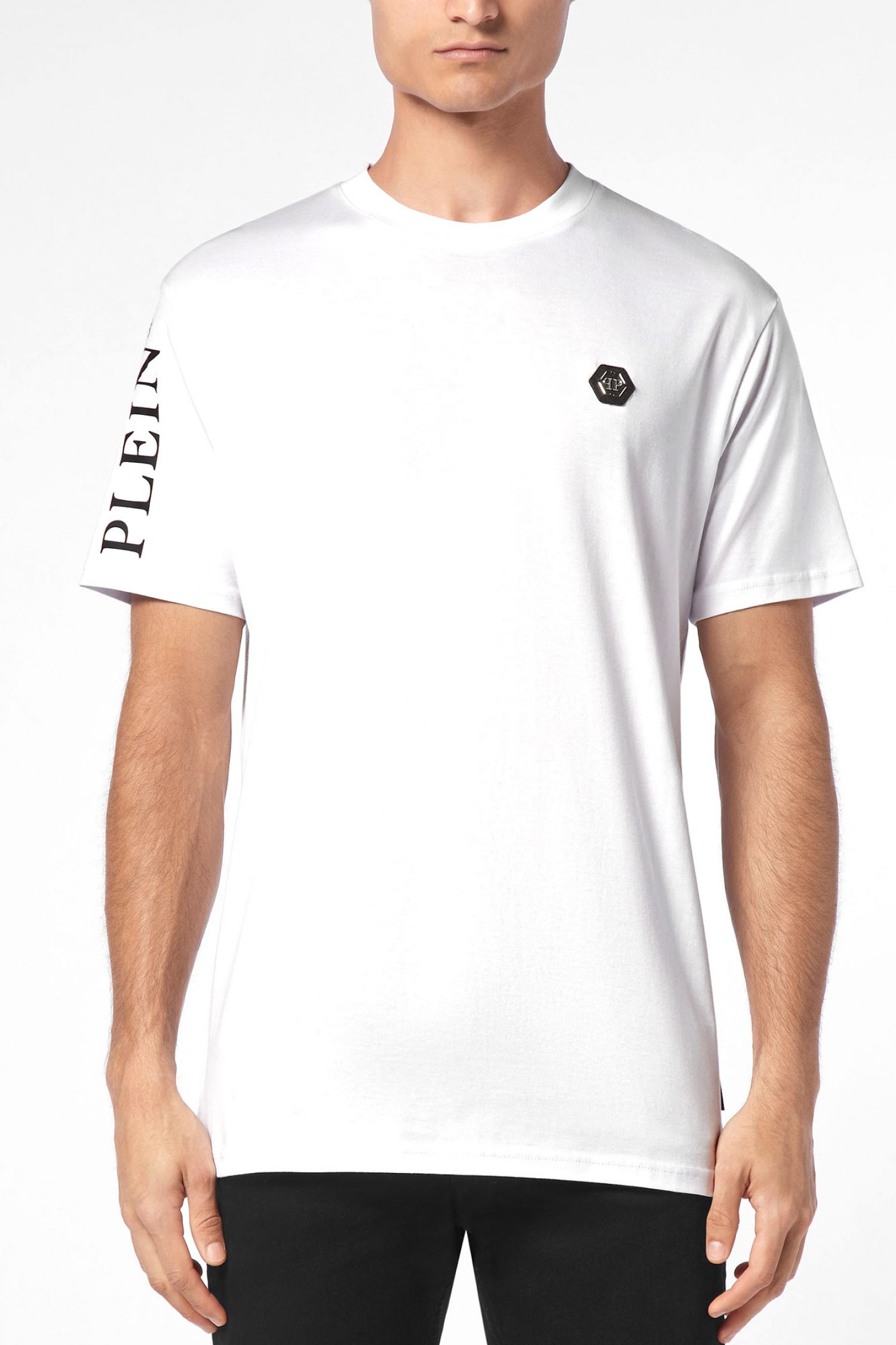 PHILIPP PLEIN T-SHIRT ROUND NECK SS LOGO ΜΕΤΑΛΛΙΚΟ ΛΕΥΚΟ