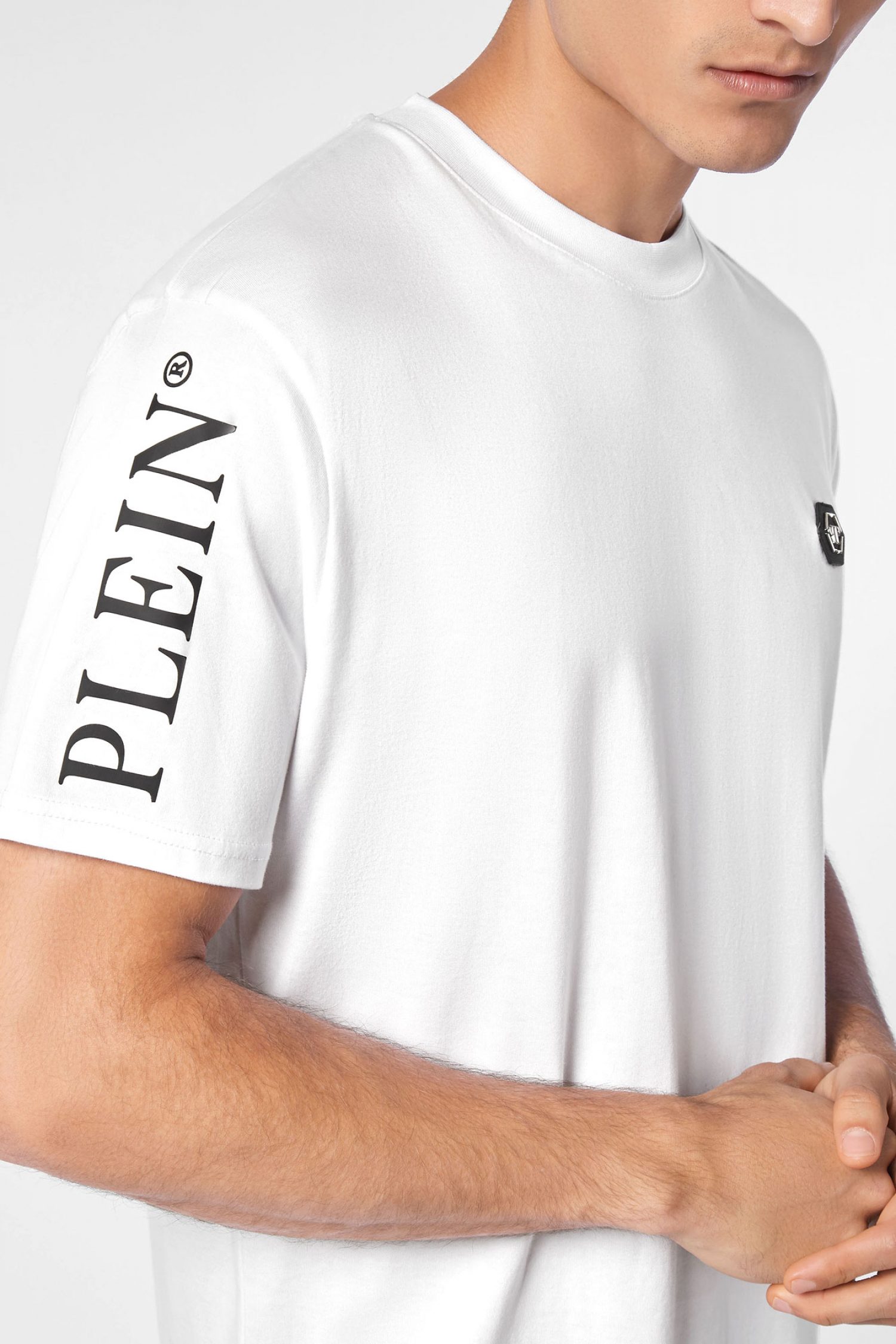 PHILIPP PLEIN T-SHIRT ROUND NECK SS LOGO ΜΕΤΑΛΛΙΚΟ ΛΕΥΚΟ