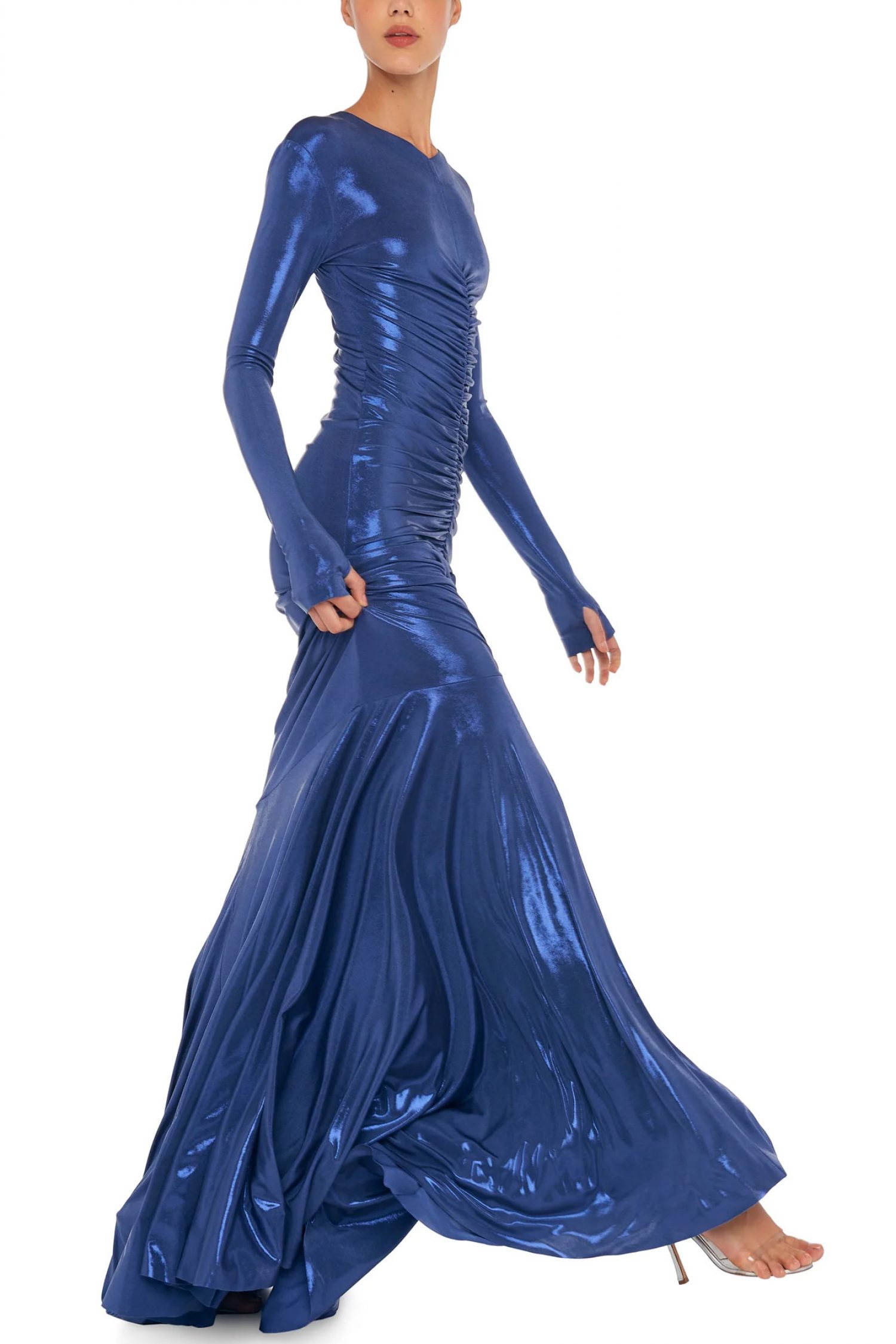 NORMA KAMALI ΦΟΡΕΜΑ FISHTAIL GOWN ΕΛΑΣΤΙΚΟ ΜΕΤΑΛΛΙΖΕ ΜΠΛΕ