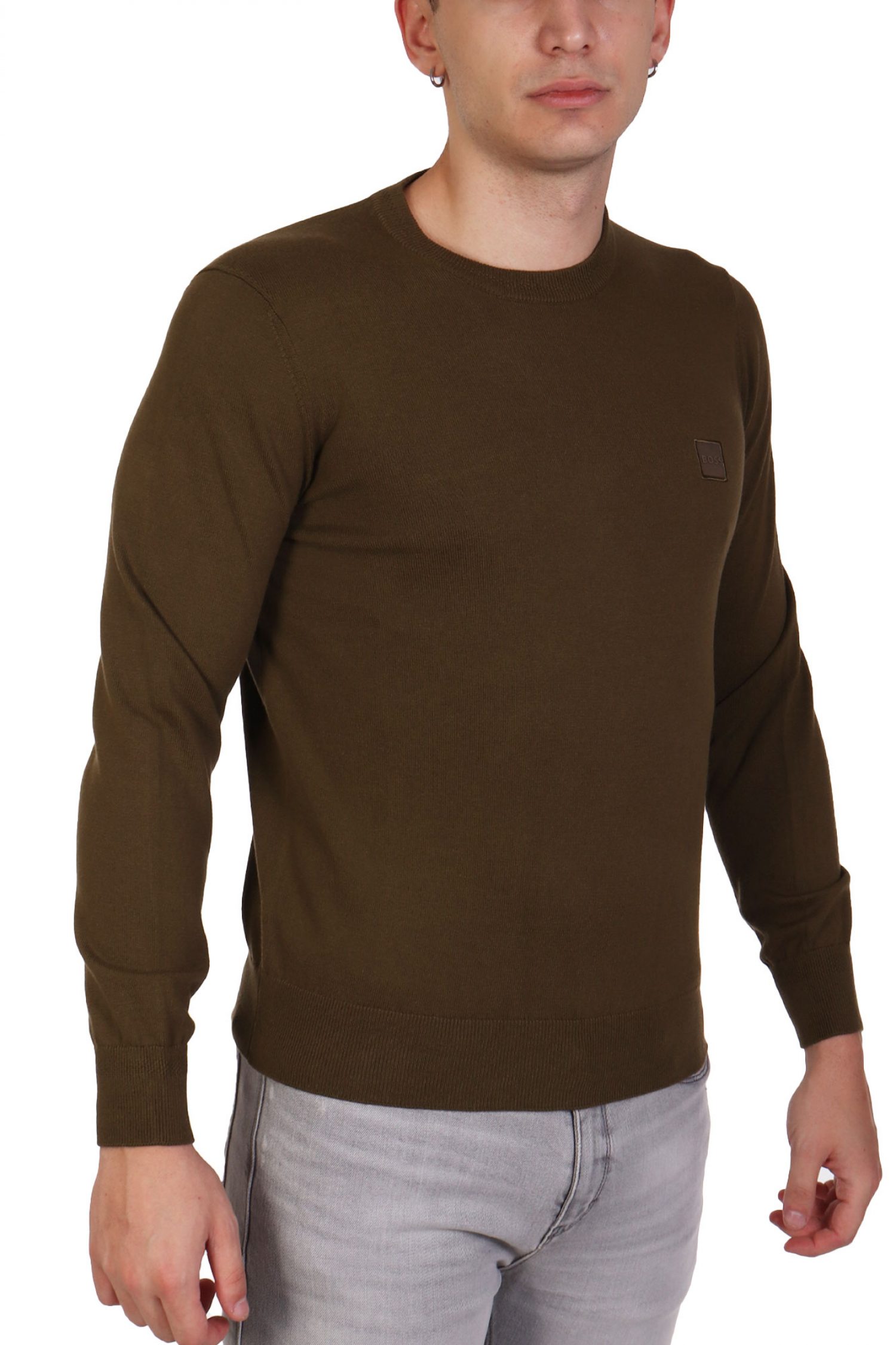 BOSS CASUAL ΠΛΕΚΤΟ ROUND NECK KANOVANO ΧΑΚΙ
