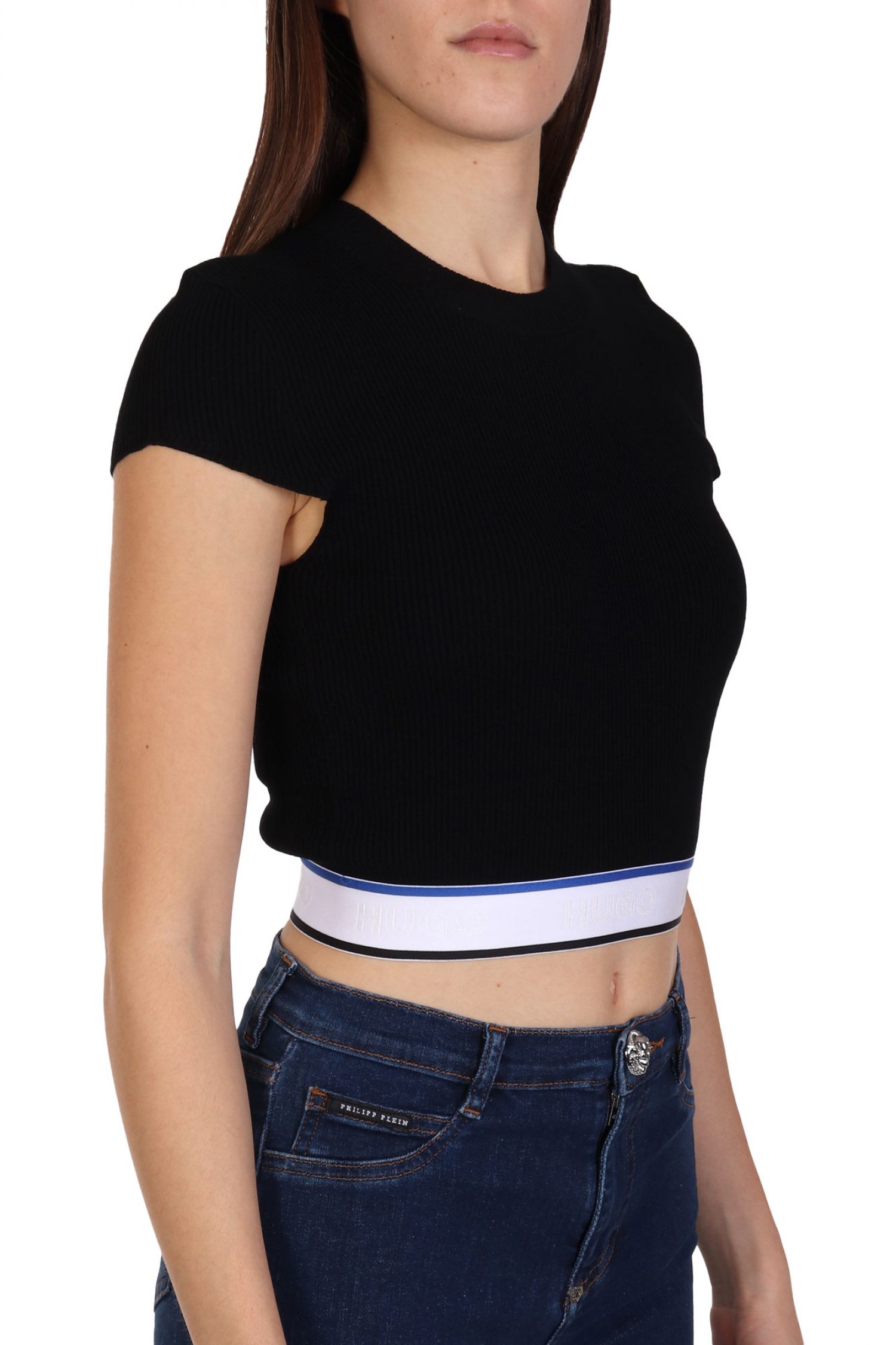 HUGO BLUE ΠΛΕΚΤΟ SUCCORE_B T-SHIRT RIB LOGO ΛΑΣΤΙΧΟ ΜΑΥΡΟ