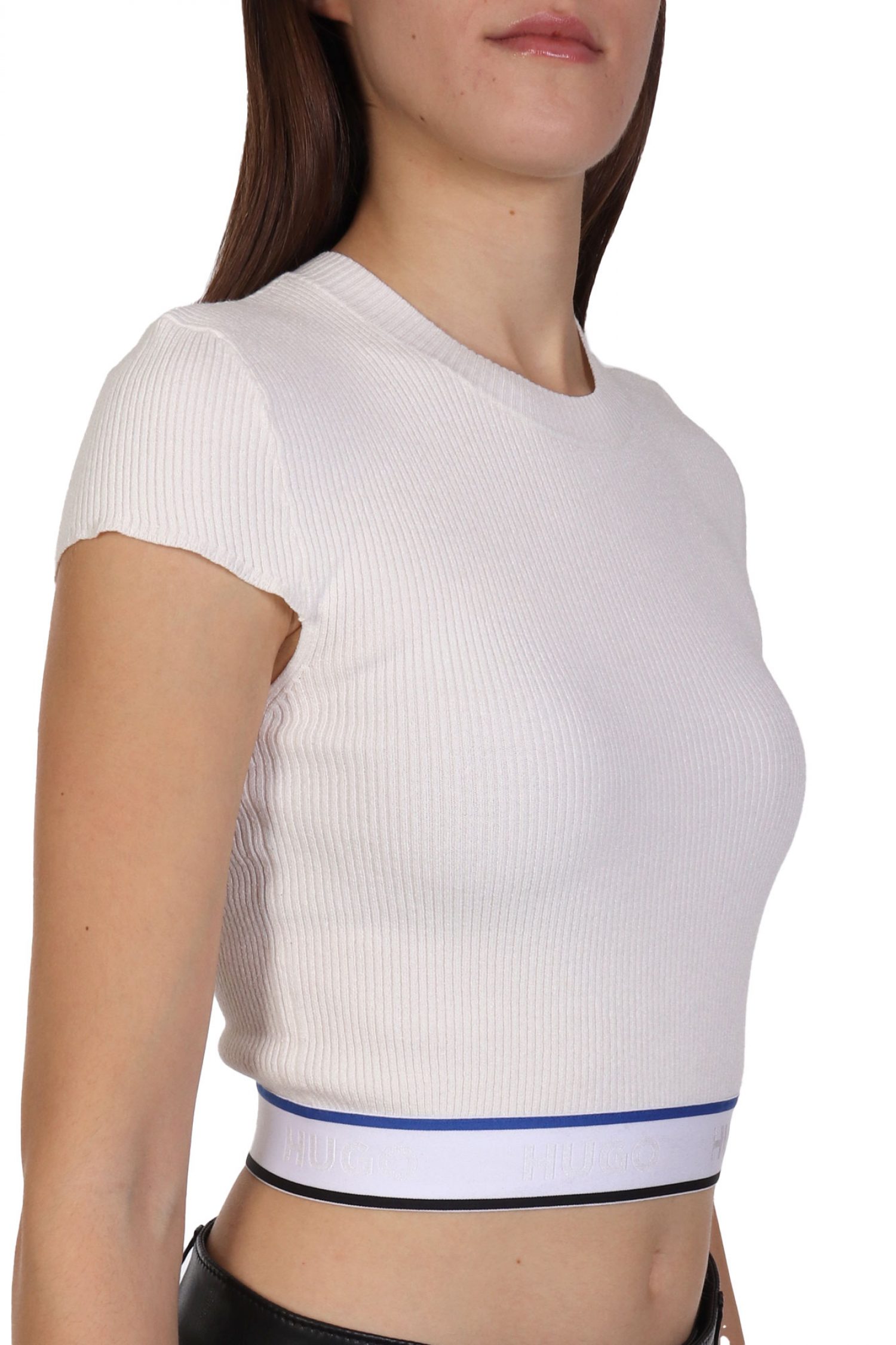 HUGO BLUE ΠΛΕΚΤΟ SUCCORE_B T-SHIRT RIB LOGO ΛΑΣΤΙΧΟ ΚΡΕΜ