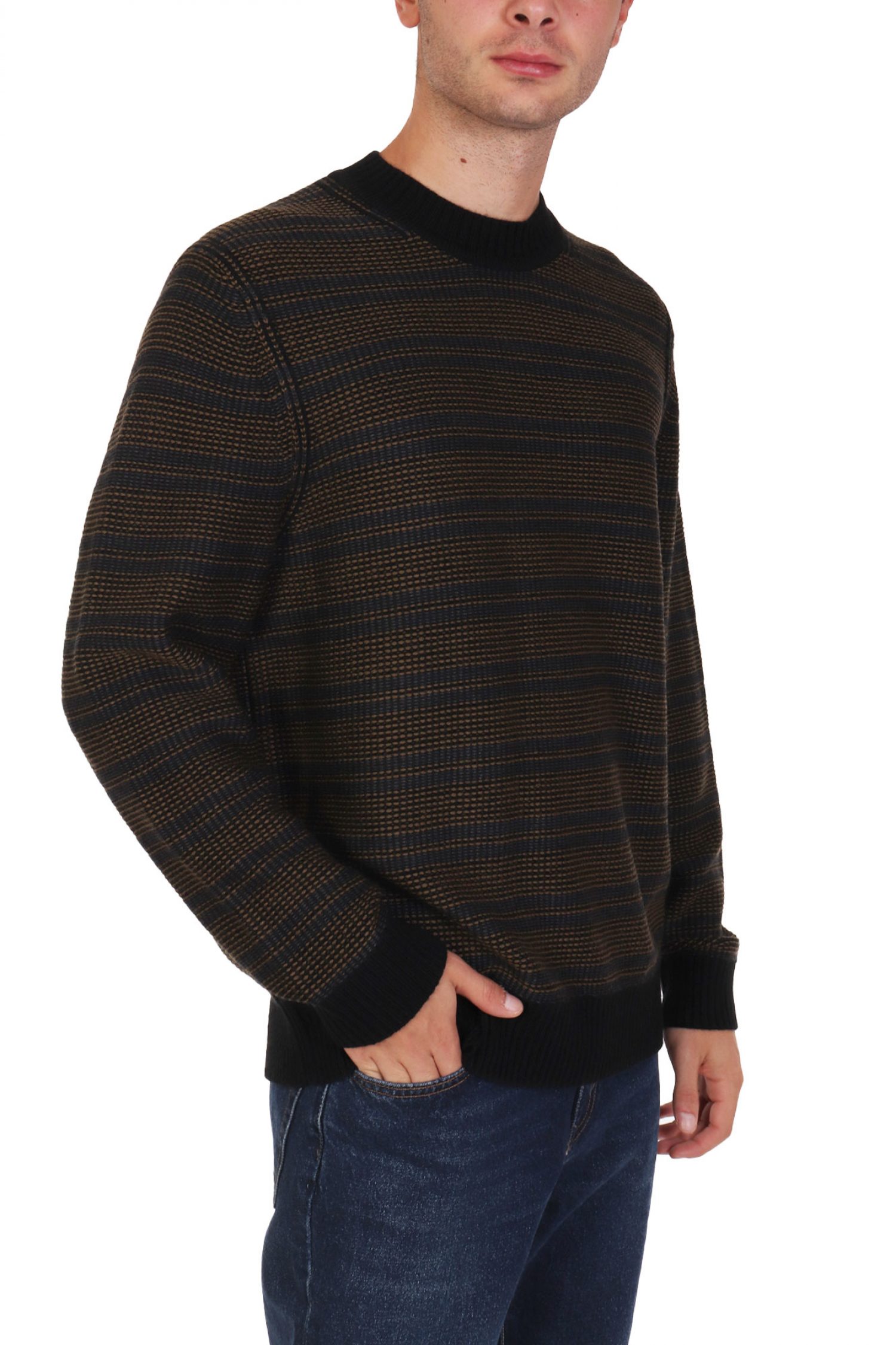 BOSS CASUAL ΠΛΕΚΤΟ CREW NECK ΡΙΓΕ AMODERO ΜΑΥΡΟ-ΚΑΦΕ