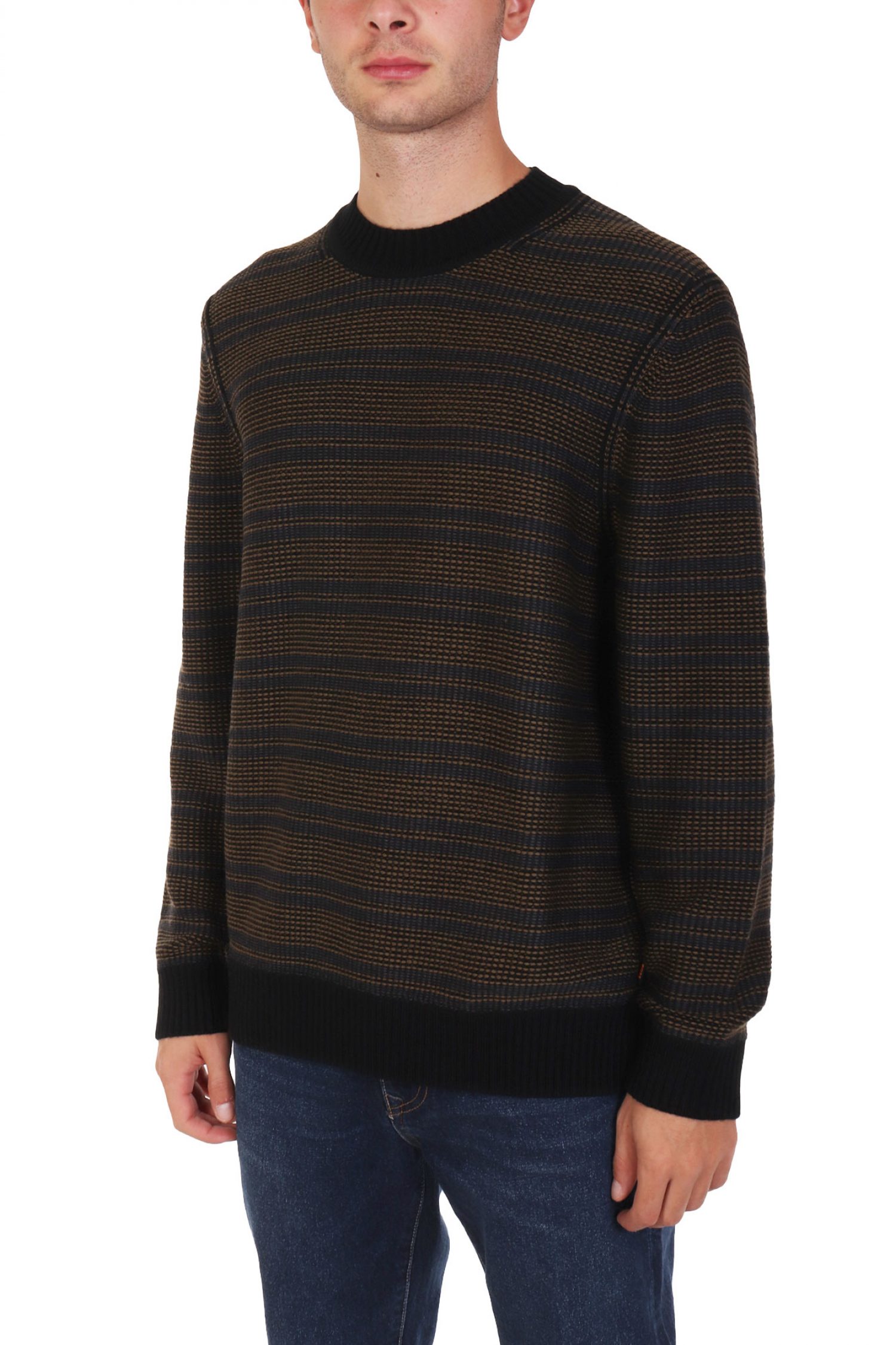 BOSS CASUAL ΠΛΕΚΤΟ CREW NECK ΡΙΓΕ AMODERO ΜΑΥΡΟ-ΚΑΦΕ