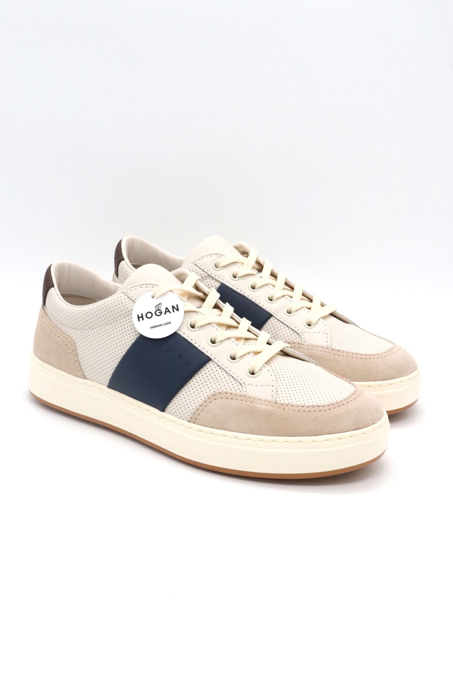 HOGAN ΠΑΠΟΥΤΣΙΑ SNEAKERS ALLACCIATO PUNZ BANDA ΔΕΡΜΑ ΕΚΡΟΥ-ΜΠΛΕ