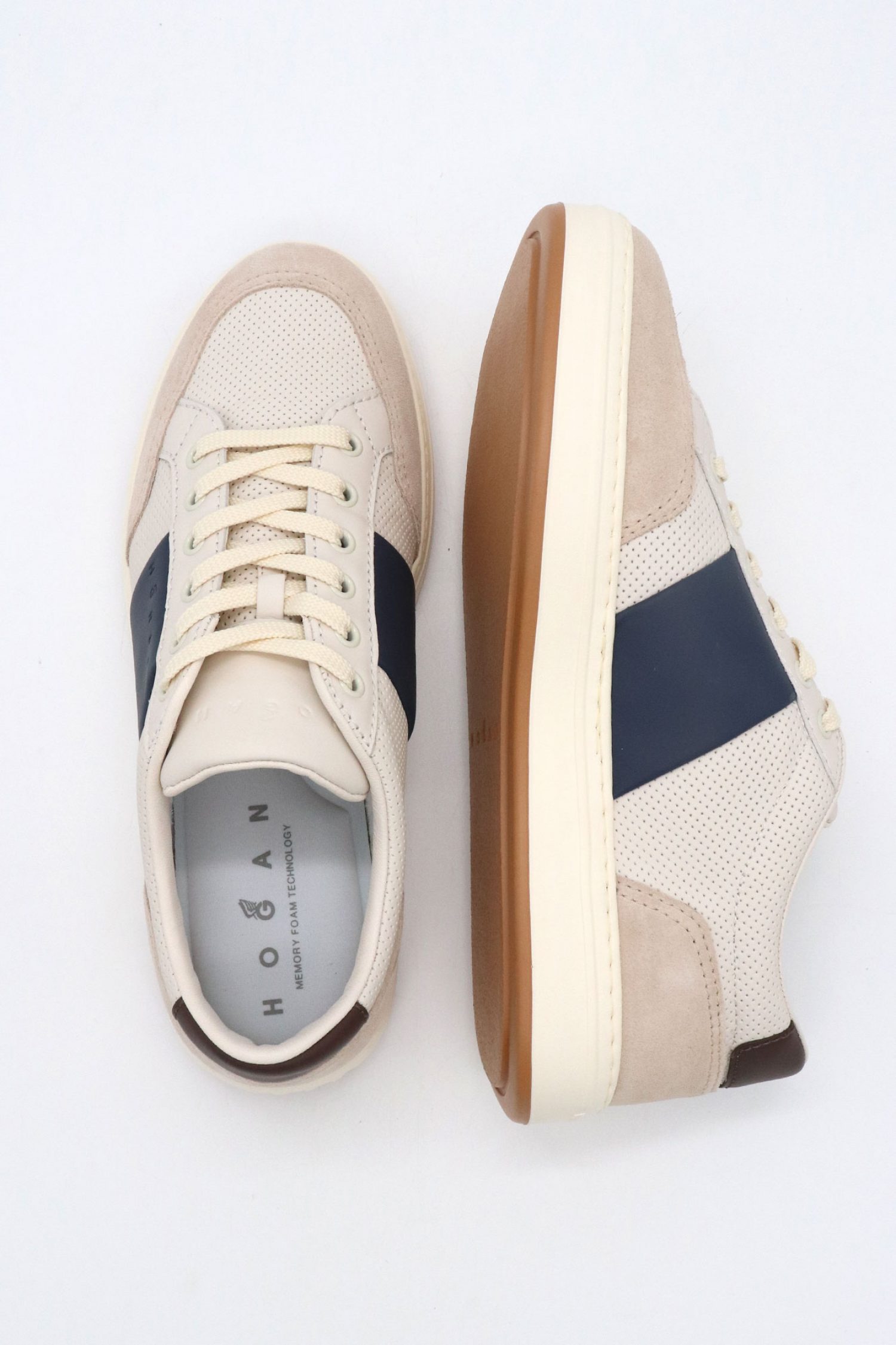 HOGAN ΠΑΠΟΥΤΣΙΑ SNEAKERS ALLACCIATO PUNZ BANDA ΔΕΡΜΑ ΕΚΡΟΥ-ΜΠΛΕ