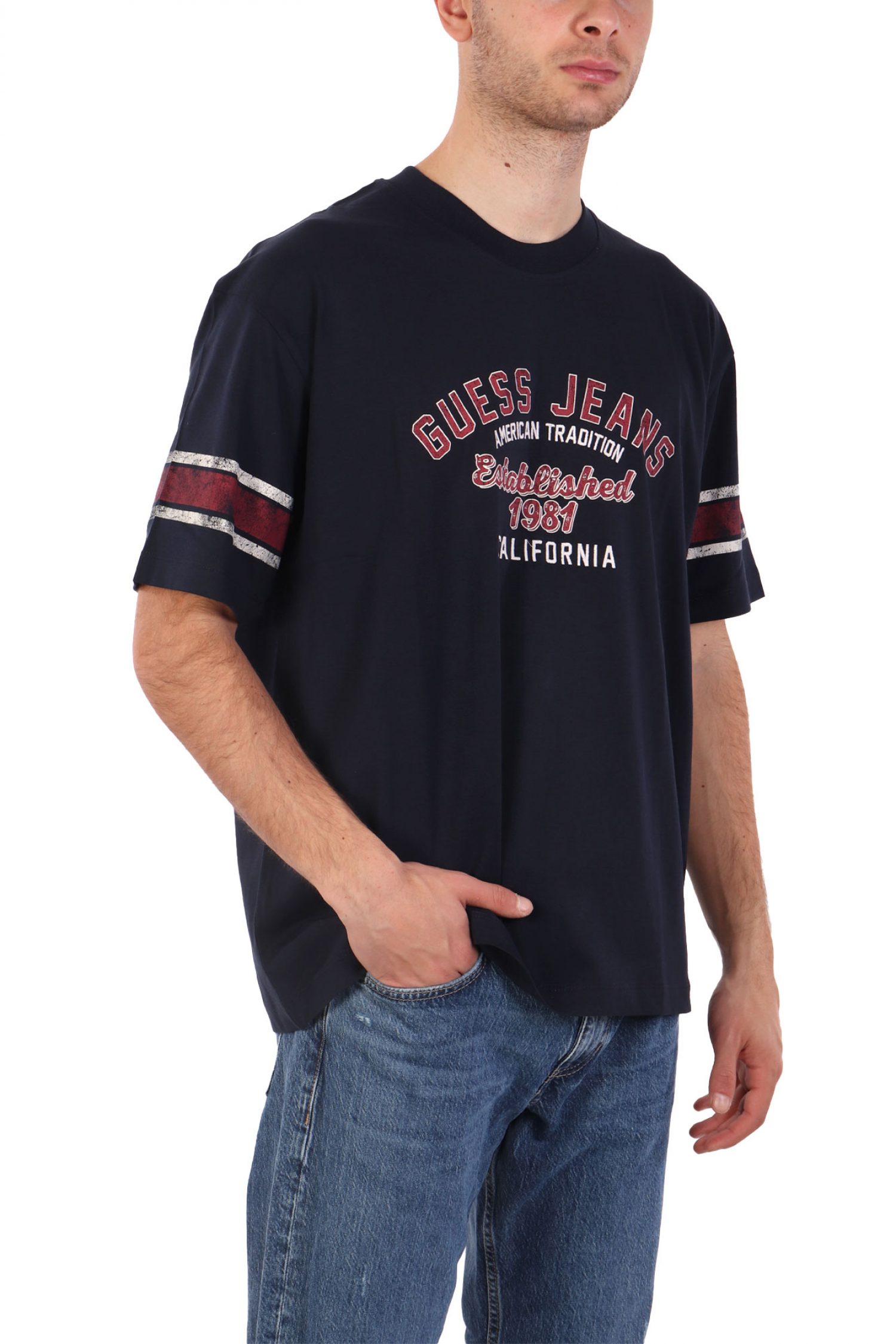 GUESS JEANS T-SHIRT CREWNECK OVERSIZED FIT LOGO ΜΠΛΕ