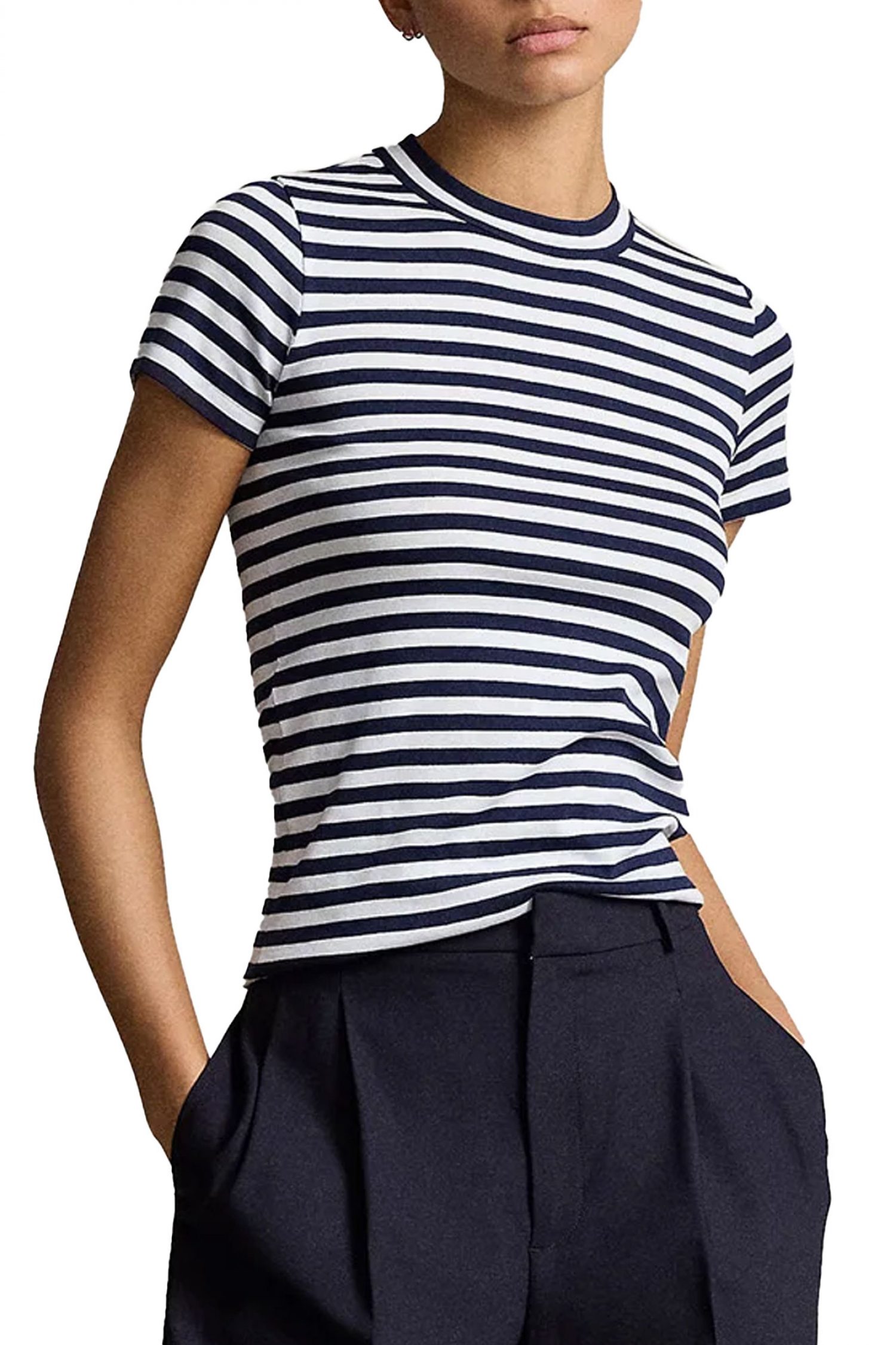 RALPH LAUREN T-SHIRT ΛΑΙΜΟΚΟΨΗ ΡΙΓΕ ΛΕΥΚΟ-ΜΠΛΕ φωτογραφία