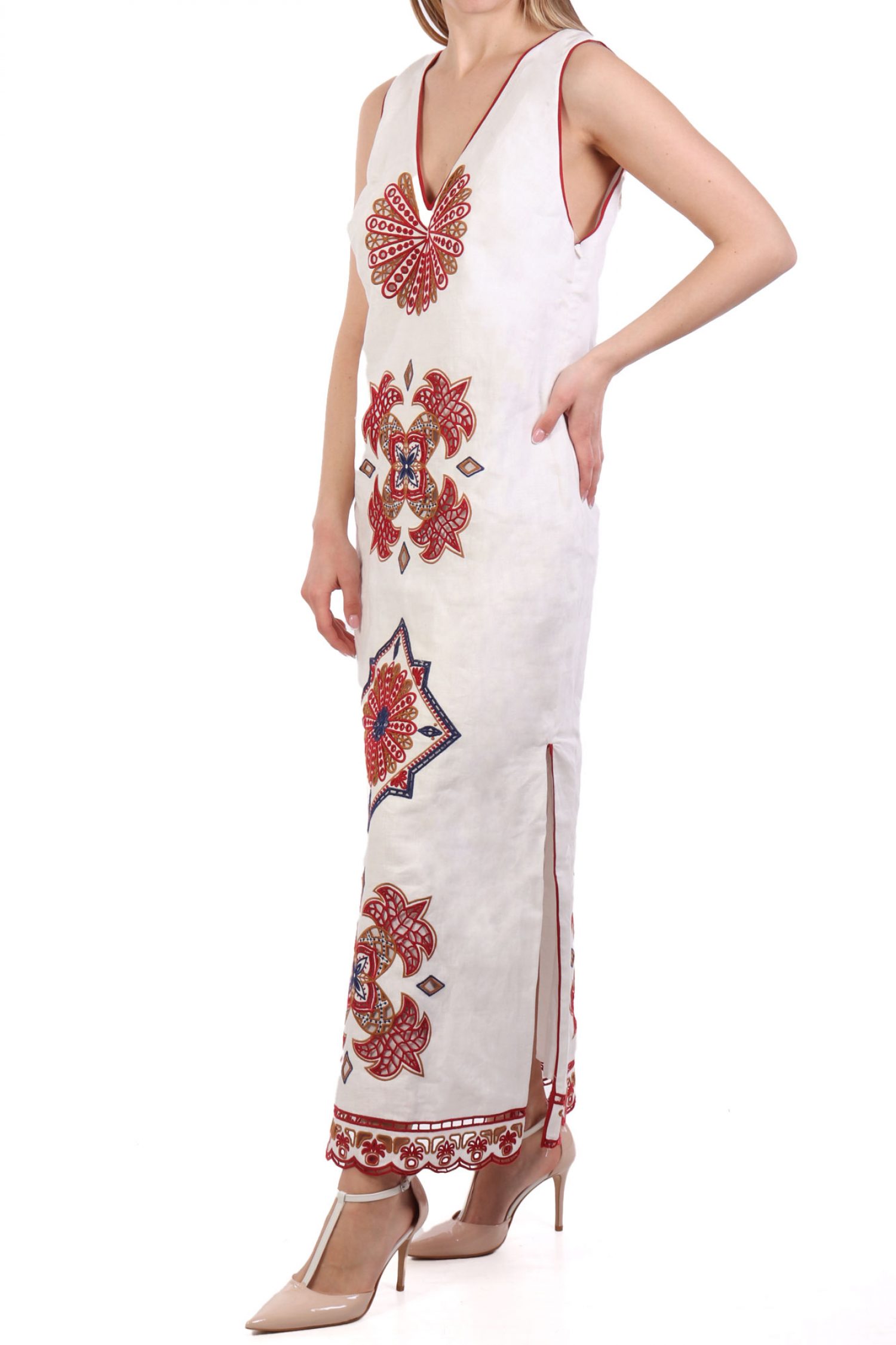 FARM RIO ΦΟΡΕΜΑ MIDI MARYS TILES RICHILIEU V-NECK ΑΝΟΙΓΜΑ ΚΑΤΩ ΚΕΝΤΗΜΑ ΕΚΡΟΥ