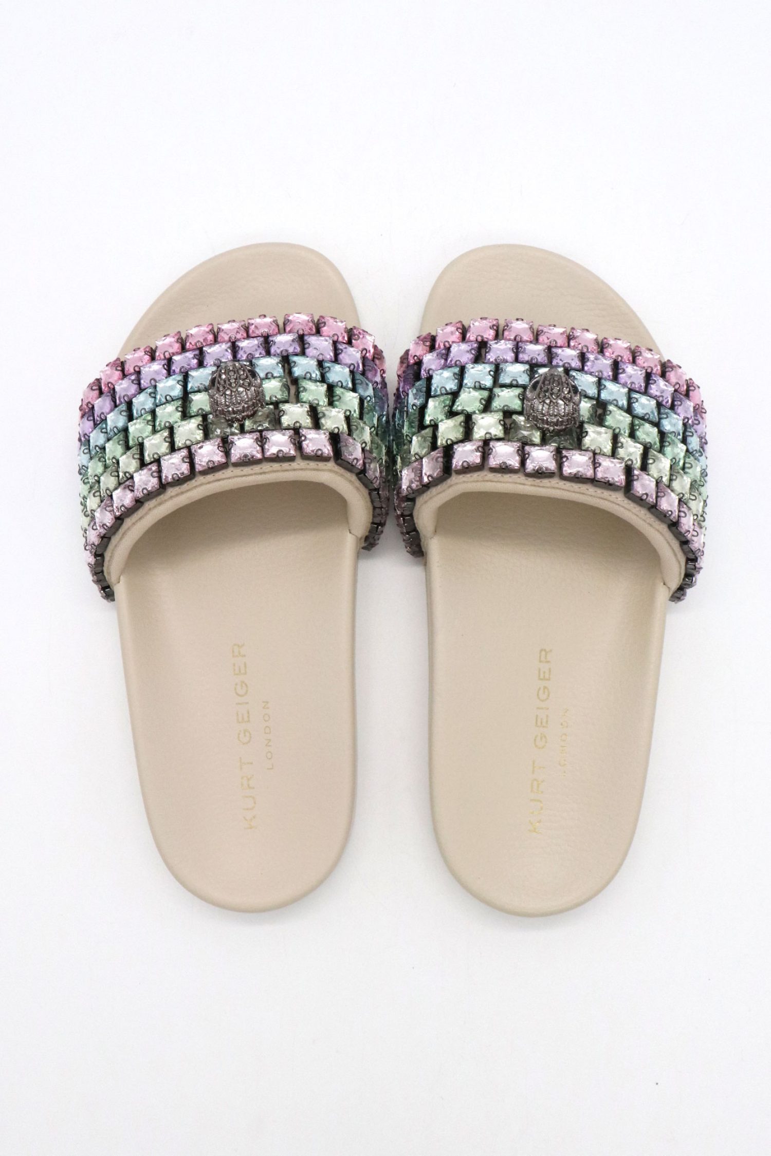 KURT GEIGER ΠΑΠΟΥΤΣΙΑ ΠΑΝΤΟΦΛΕΣ MEENA EAGLE JEWEL ΜΕΤΑΛΛΙΚΕΣ ΠΕΤΡΕΣ ΠΟΛΥΧΡΩΜΕΣ LOGO ΜΠΕΖ