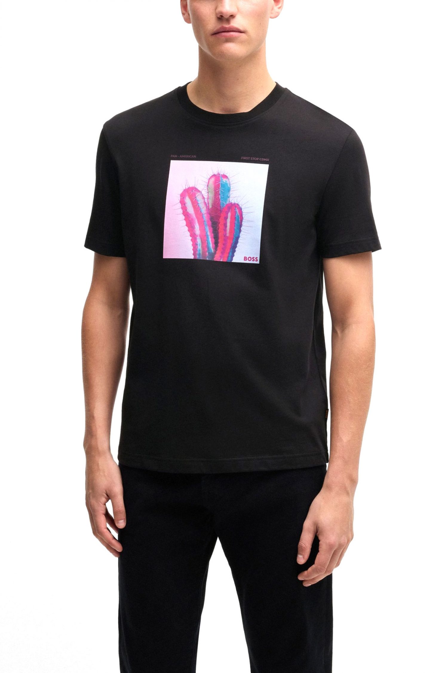 BOSS CASUAL T-SHIRT ΜΕ ΣΤΑΜΠΑ REGULAR FIT TE_MEXTOUR ΜΑΥΡΟ