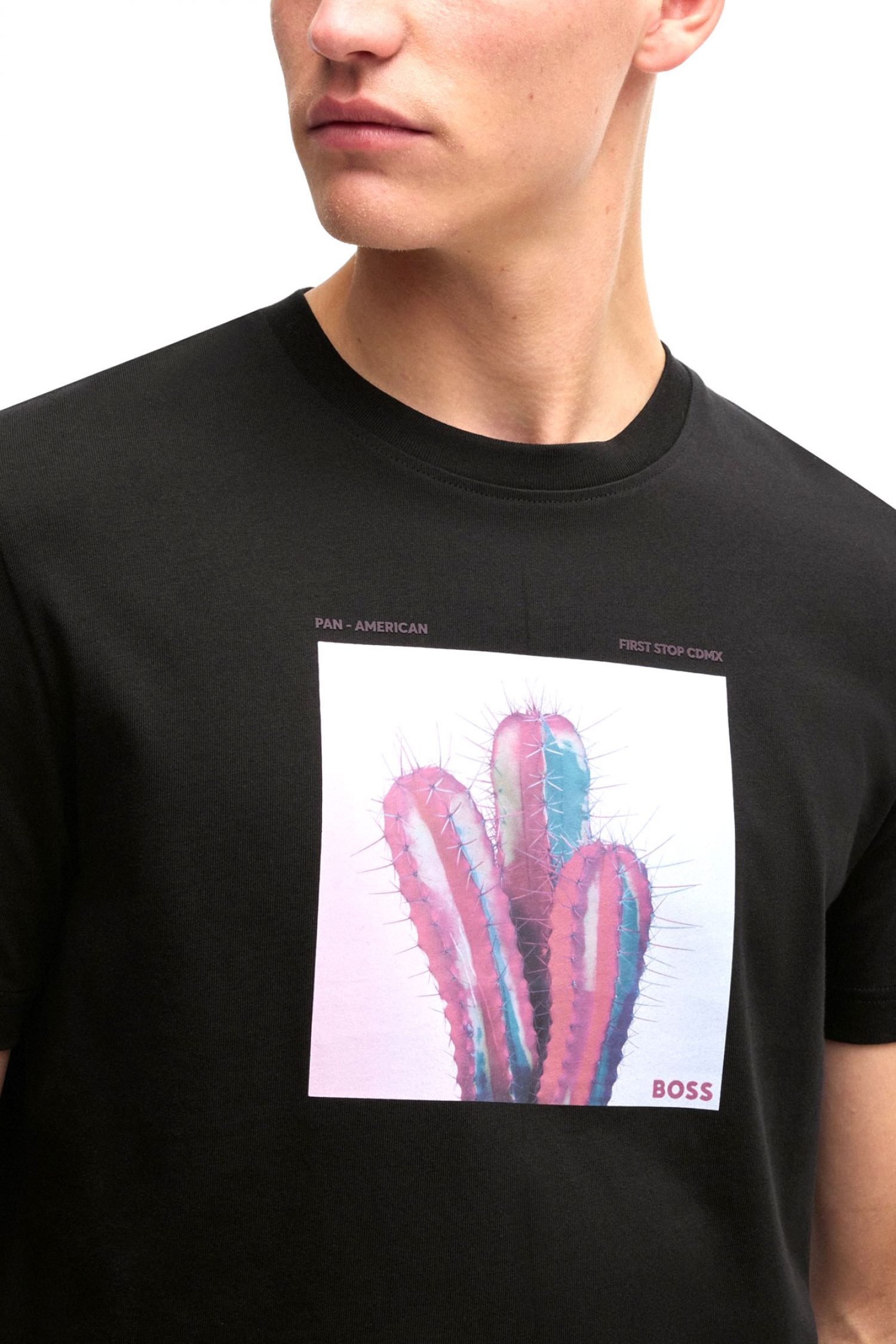 BOSS CASUAL T-SHIRT ΜΕ ΣΤΑΜΠΑ REGULAR FIT TE_MEXTOUR ΜΑΥΡΟ