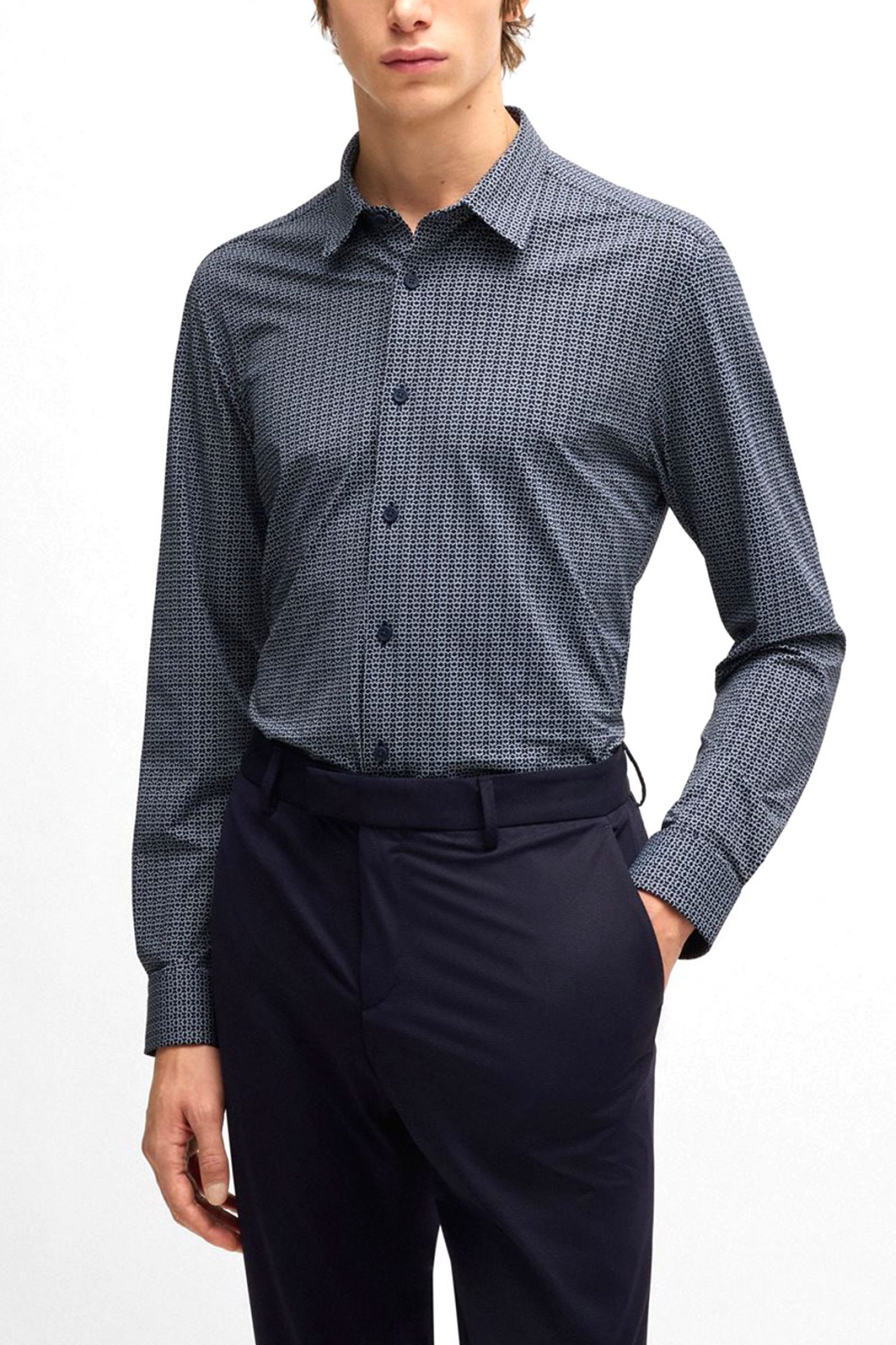 BOSS ΠΟΥΚΑΜΙΣΟ SLIM FIT P-ROAN-KENT-C1-233 ΣΚΟΥΡΟ ΜΠΛΕ