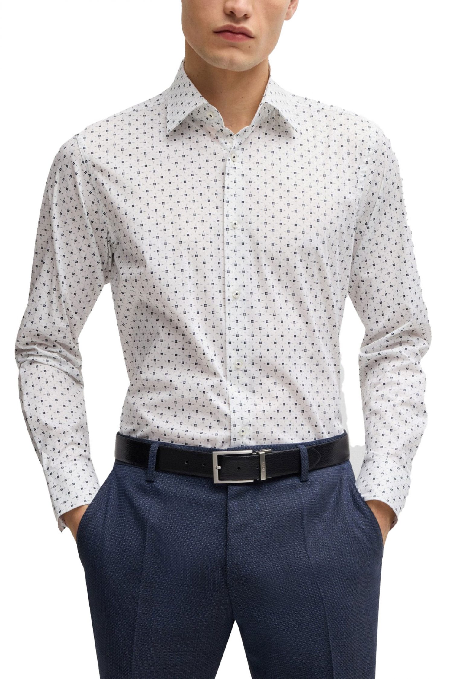 BOSS ΠΟΥΚΑΜΙΣΟ ΜΙΚΡΟΣΧΕΔΙΟ REGULAR FIT STRETCH H-JOE-KENT-C1-214 ΛΕΥΚΟ