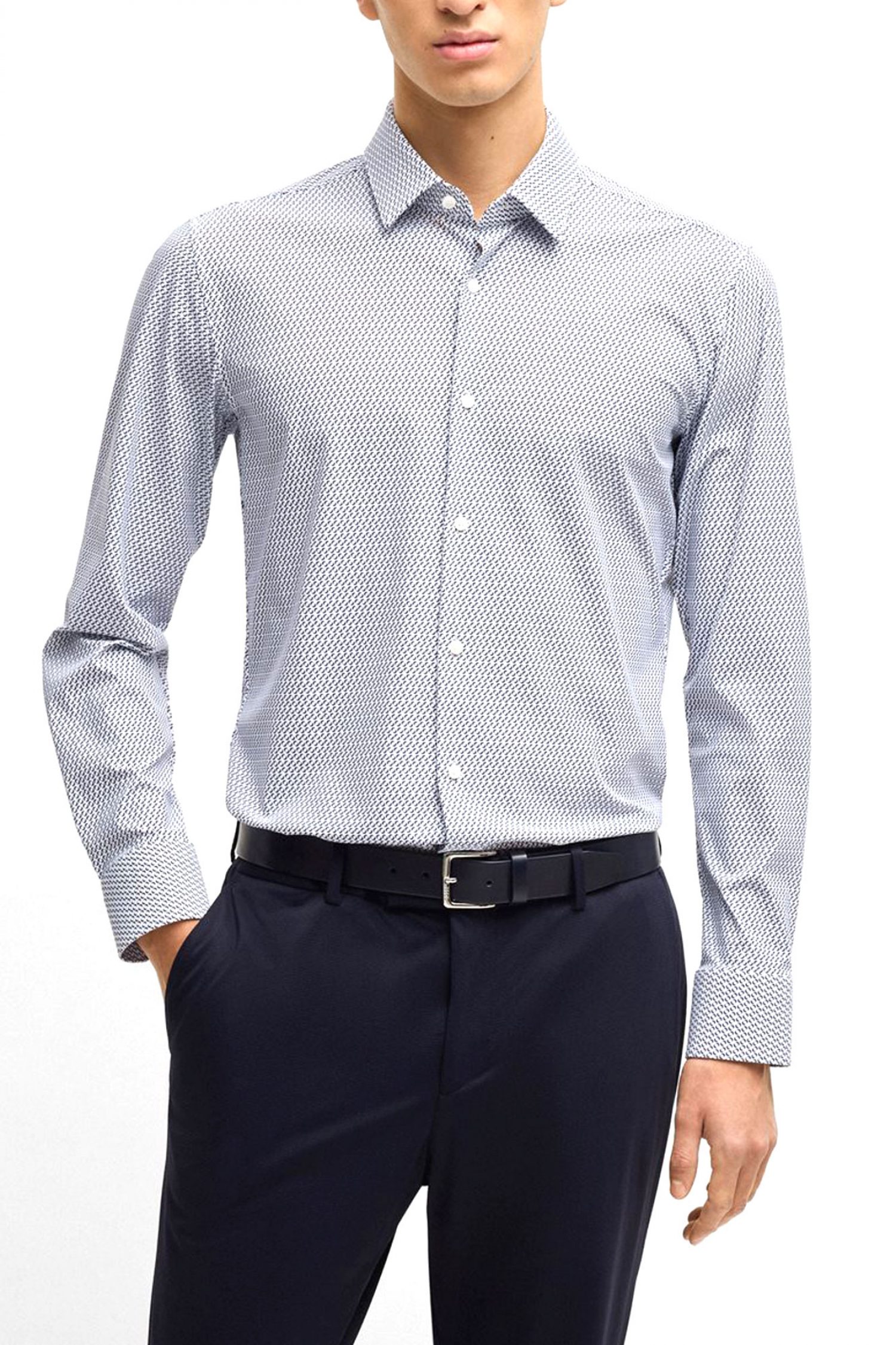 BOSS PERFORMANCE ΠΟΥΚΑΜΙΣΟ ΜΙΚΡΟΣΧΕΔΙΟ SLIM FIT P-HANK-S-KENT-C1-222 ΜΠΛΕ-ΛΕΥΚΟ