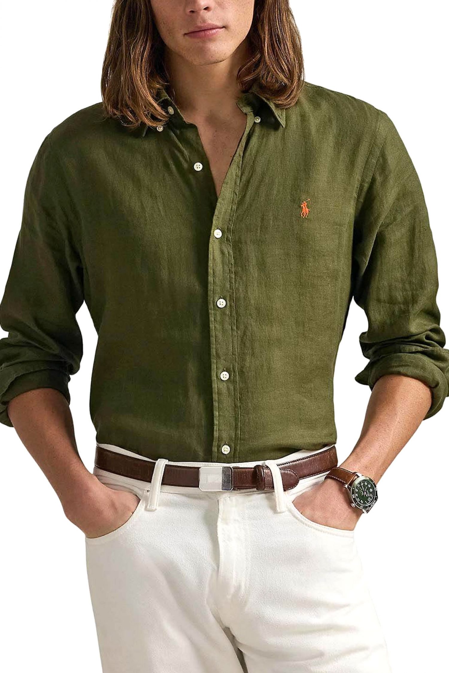 RALPH LAUREN ΠΟΥΚΑΜΙΣΟ BUTTON DOWN ΛΙΝΟ CUSTOM FIT LOGO ΧΑΚΙ