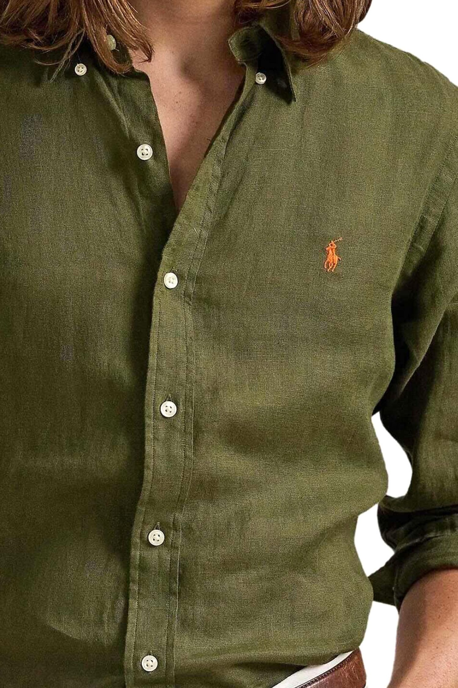 RALPH LAUREN ΠΟΥΚΑΜΙΣΟ BUTTON DOWN ΛΙΝΟ CUSTOM FIT LOGO ΧΑΚΙ