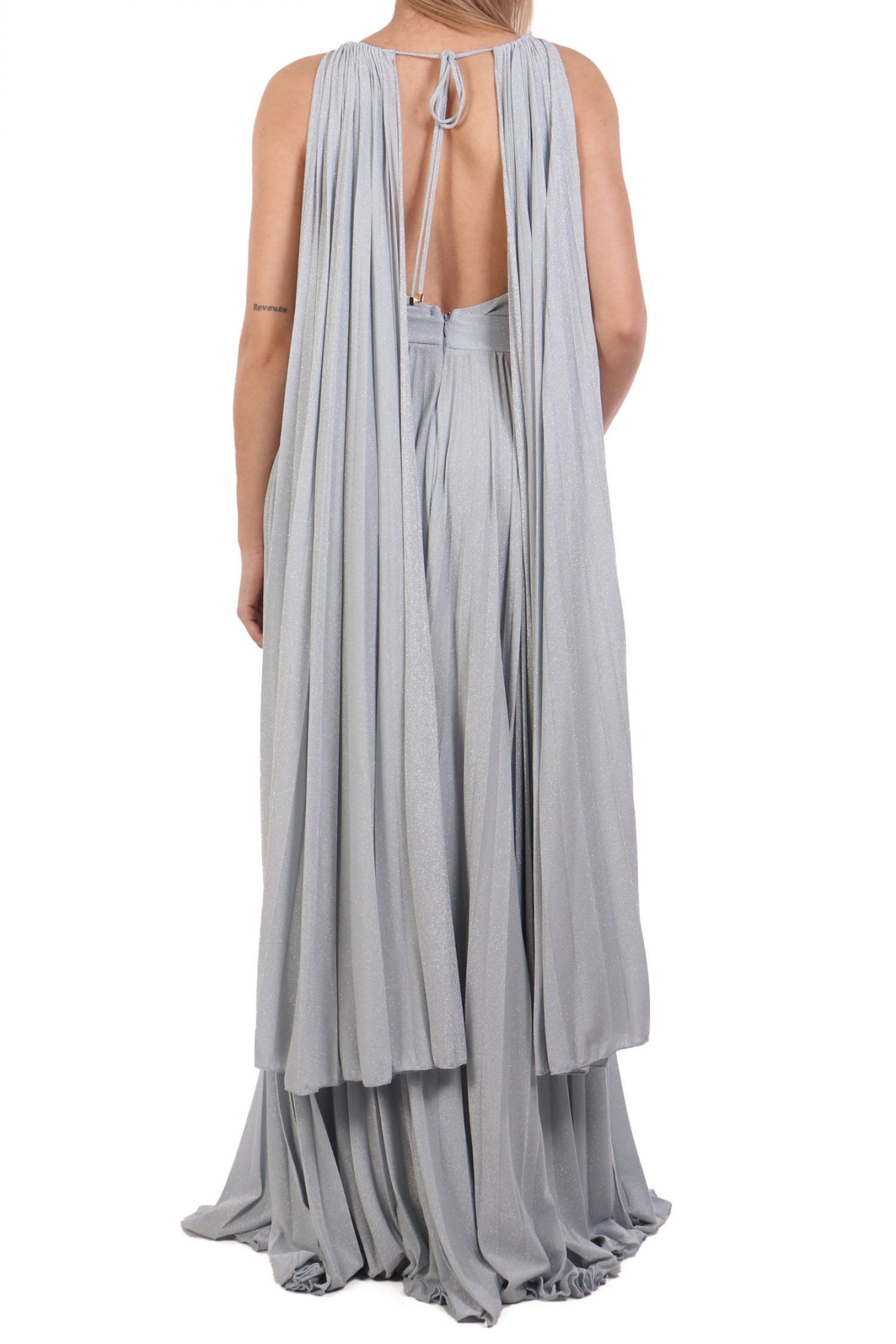 ELISABETTA FRANCHI ΦΟΡΕΜΑ MAXI RED CARPET ΠΛΙΣΕ ΑΝΟΙΓΜΑΤΑ ΠΛΑΙ LUREX ΣΙΕΛ