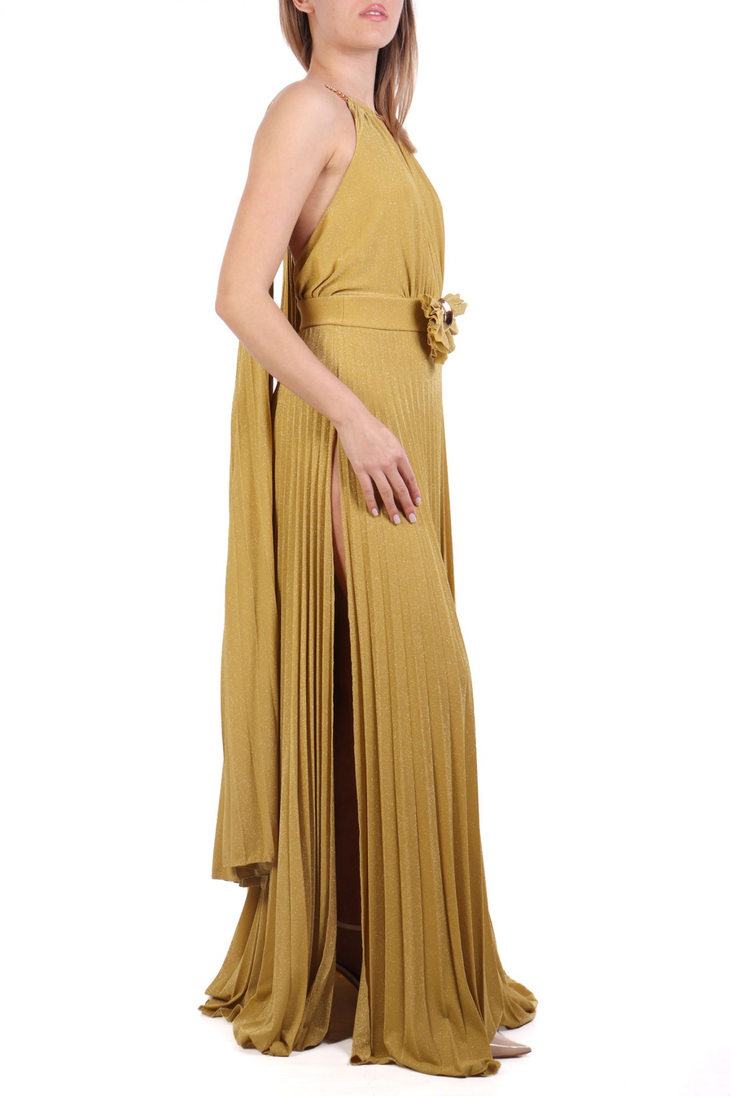 ELISABETTA FRANCHI ΦΟΡΕΜΑ RED CARPET MAXI ΠΛΙΣΕ ΑΝΟΙΓΜΑ ΜΠΡΟΣΤΑ LUREX ΚΙΤΡΙΝΟ φωτογραφία