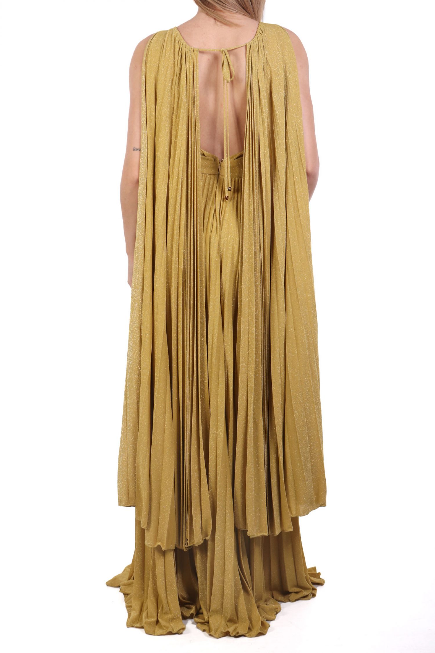 ELISABETTA FRANCHI ΦΟΡΕΜΑ RED CARPET MAXI ΠΛΙΣΕ ΑΝΟΙΓΜΑ ΜΠΡΟΣΤΑ LUREX ΚΙΤΡΙΝΟ φωτογραφία