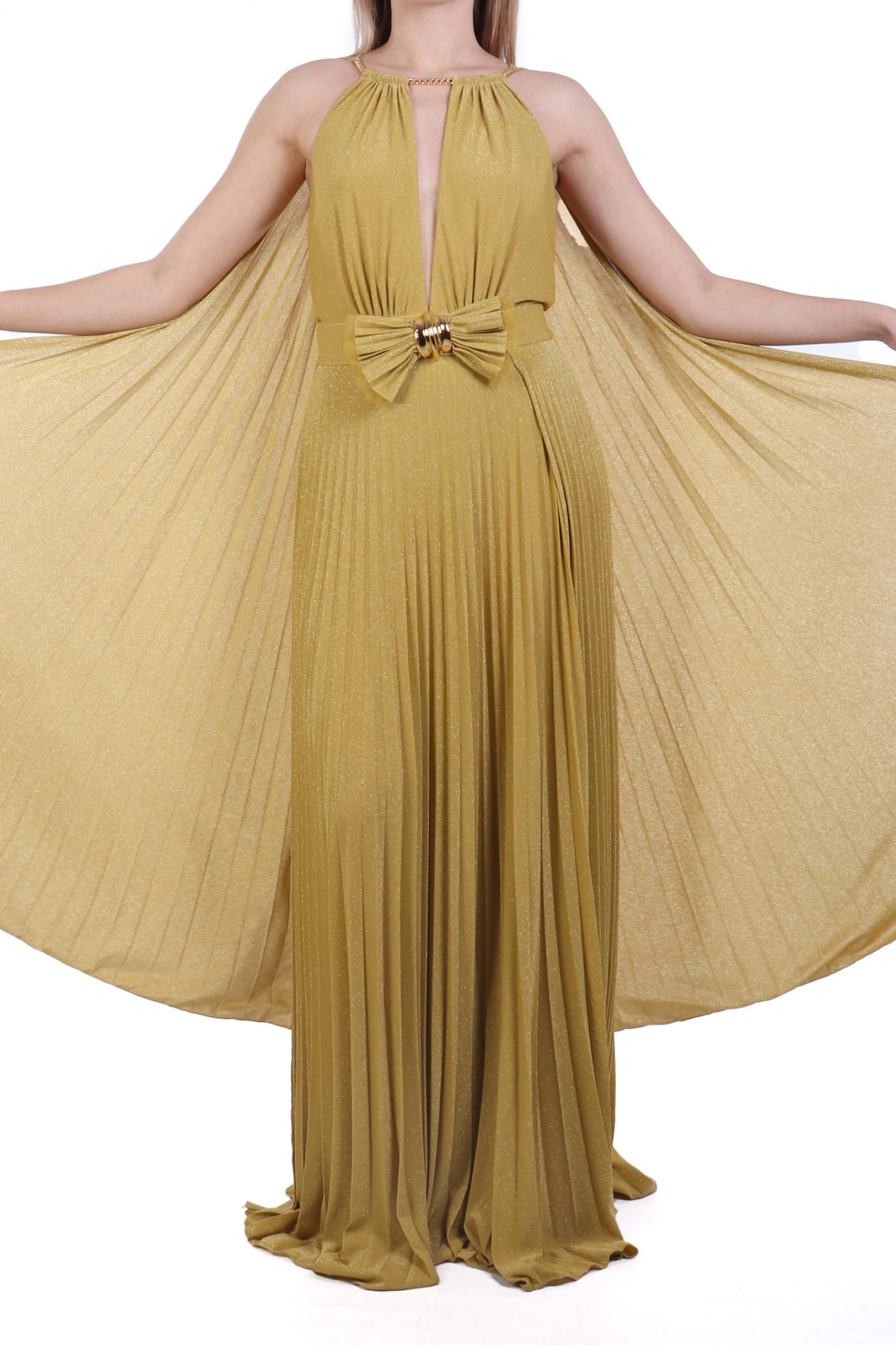 ELISABETTA FRANCHI ΦΟΡΕΜΑ RED CARPET MAXI ΠΛΙΣΕ ΑΝΟΙΓΜΑ ΜΠΡΟΣΤΑ LUREX ΚΙΤΡΙΝΟ φωτογραφία