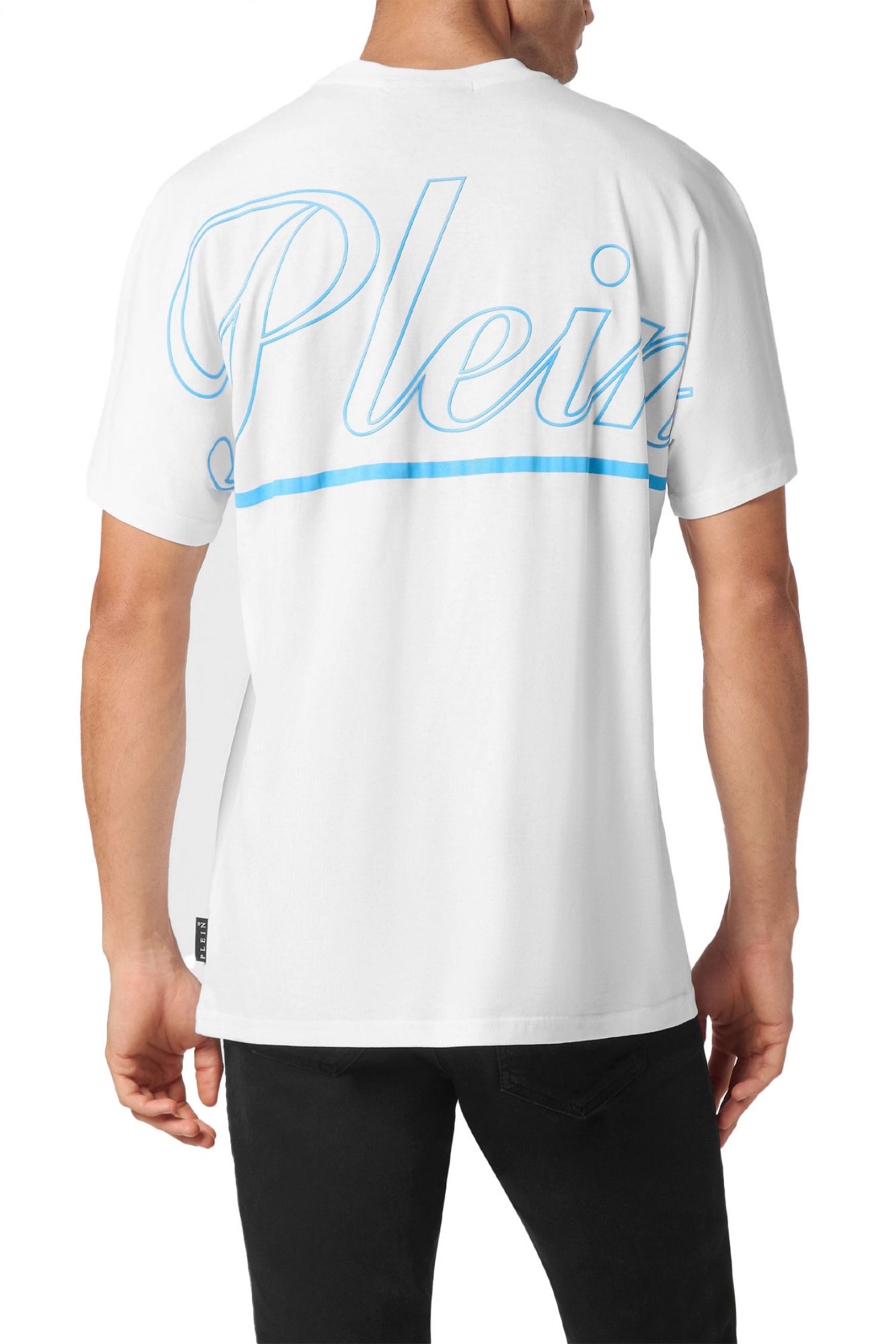 PHILIPP PLEIN T-SHIRT ROUND NECK SS LOGO ΜΕΤΑΛΛΙΚΟ ΛΕΥΚΟ-ΜΠΛΕ