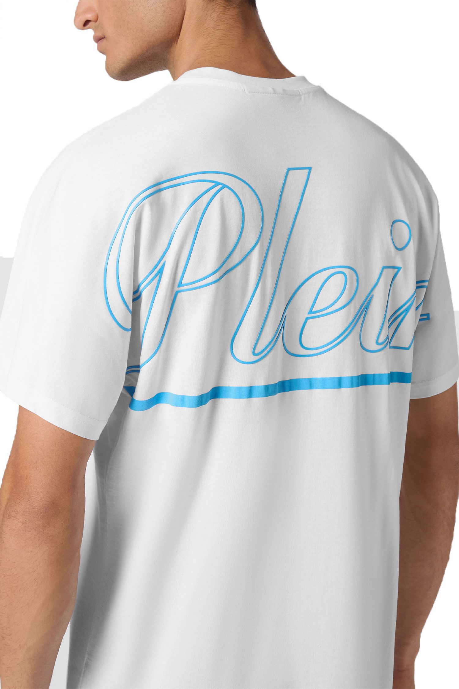 PHILIPP PLEIN T-SHIRT ROUND NECK SS LOGO ΜΕΤΑΛΛΙΚΟ ΛΕΥΚΟ-ΜΠΛΕ