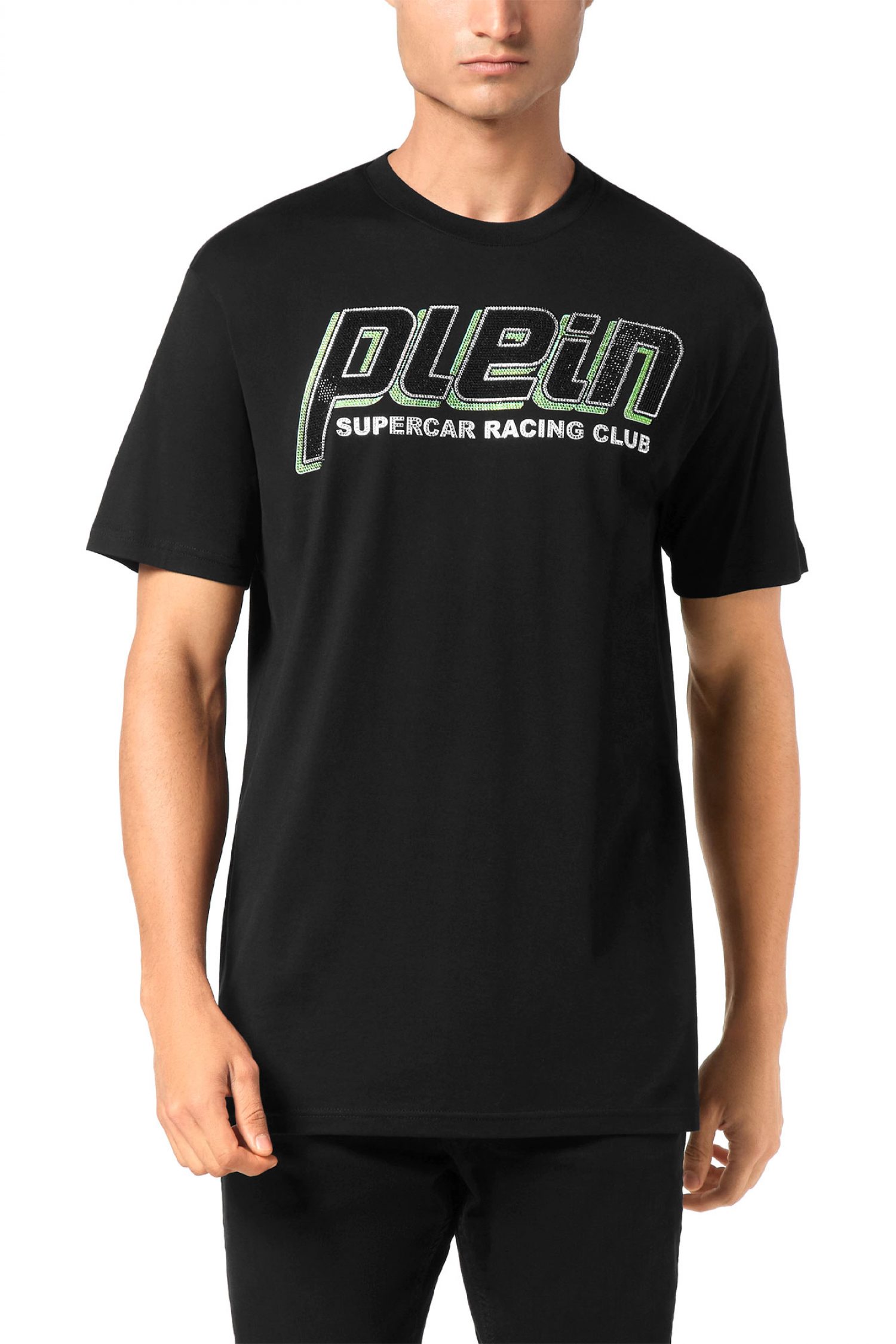 PHILIPP PLEIN T-SHIRT ROUND NECK SS STRASS CARS RACING LOGO ΜΑΥΡΟ