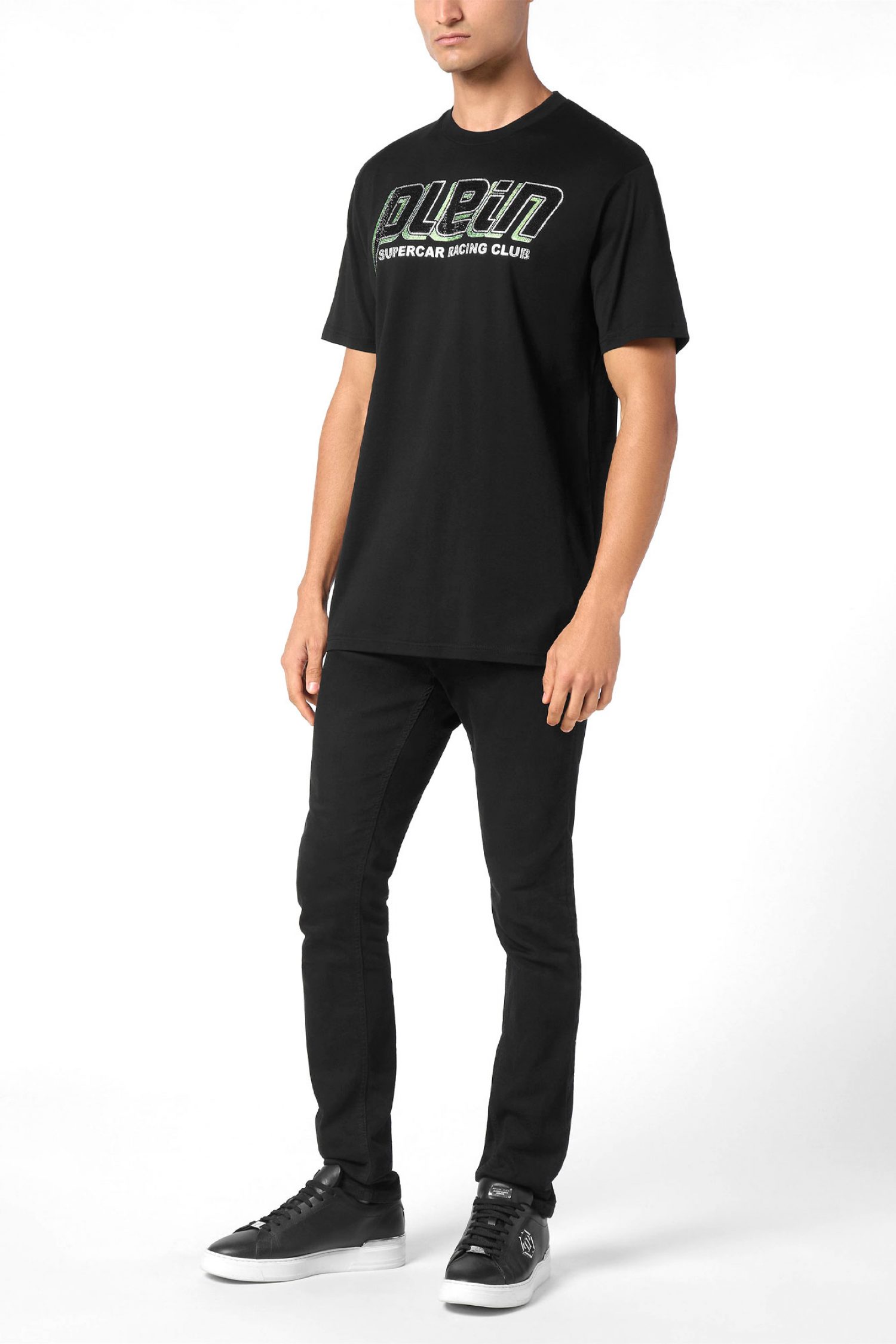 PHILIPP PLEIN T-SHIRT ROUND NECK SS STRASS CARS RACING LOGO ΜΑΥΡΟ