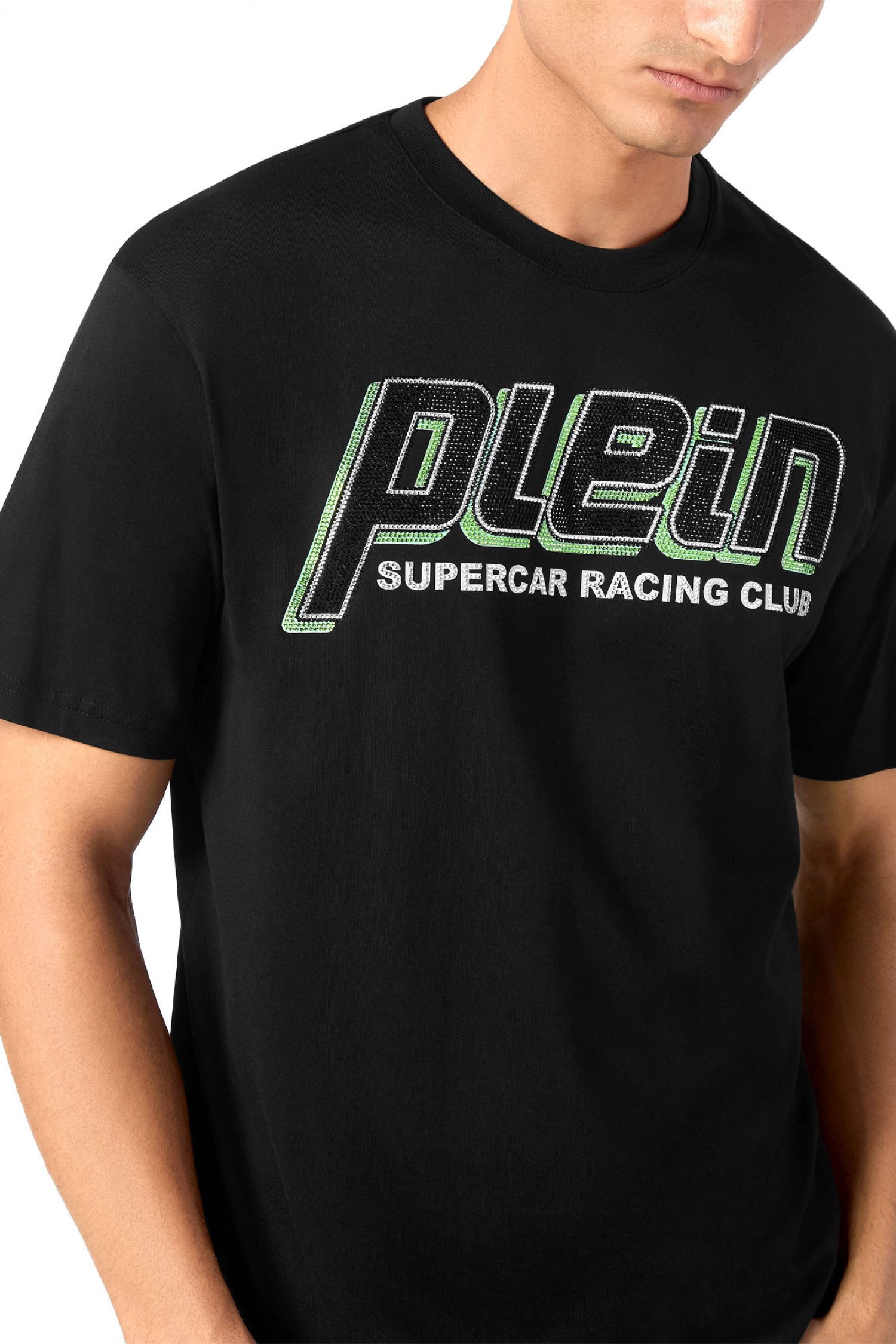 PHILIPP PLEIN T-SHIRT ROUND NECK SS STRASS CARS RACING LOGO ΜΑΥΡΟ