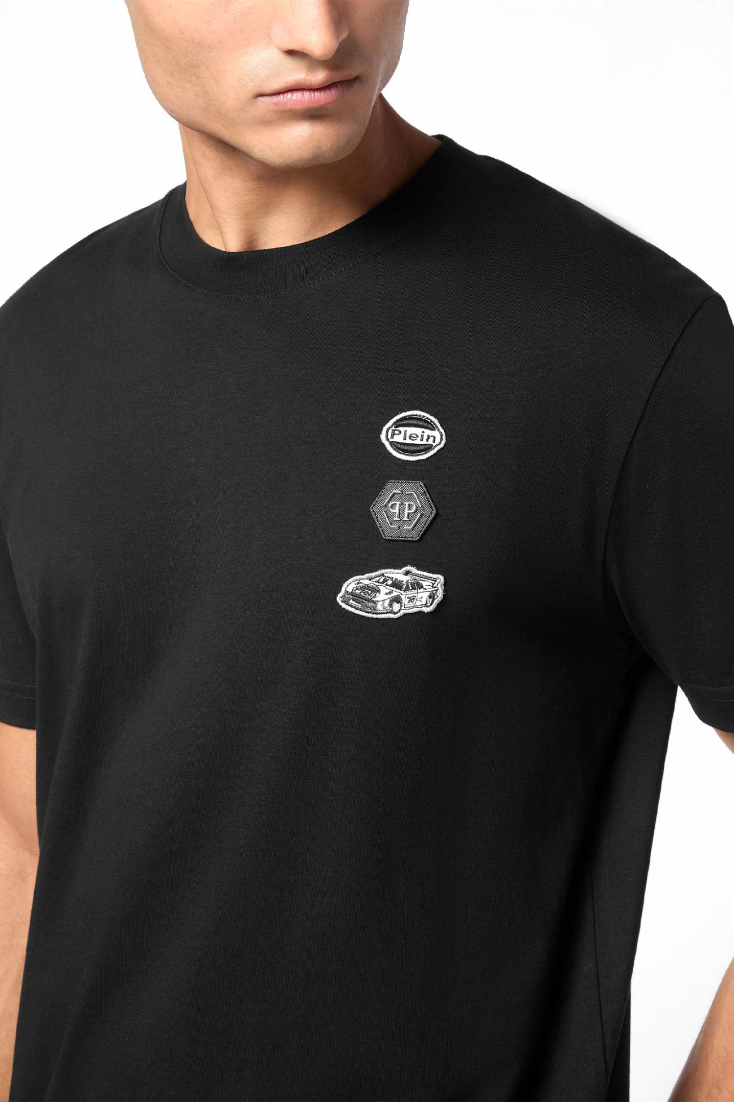 PHILIPP PLEIN T-SHIRT ROUND NECK SS CARS RACING LOGO ΜΑΥΡΟ
