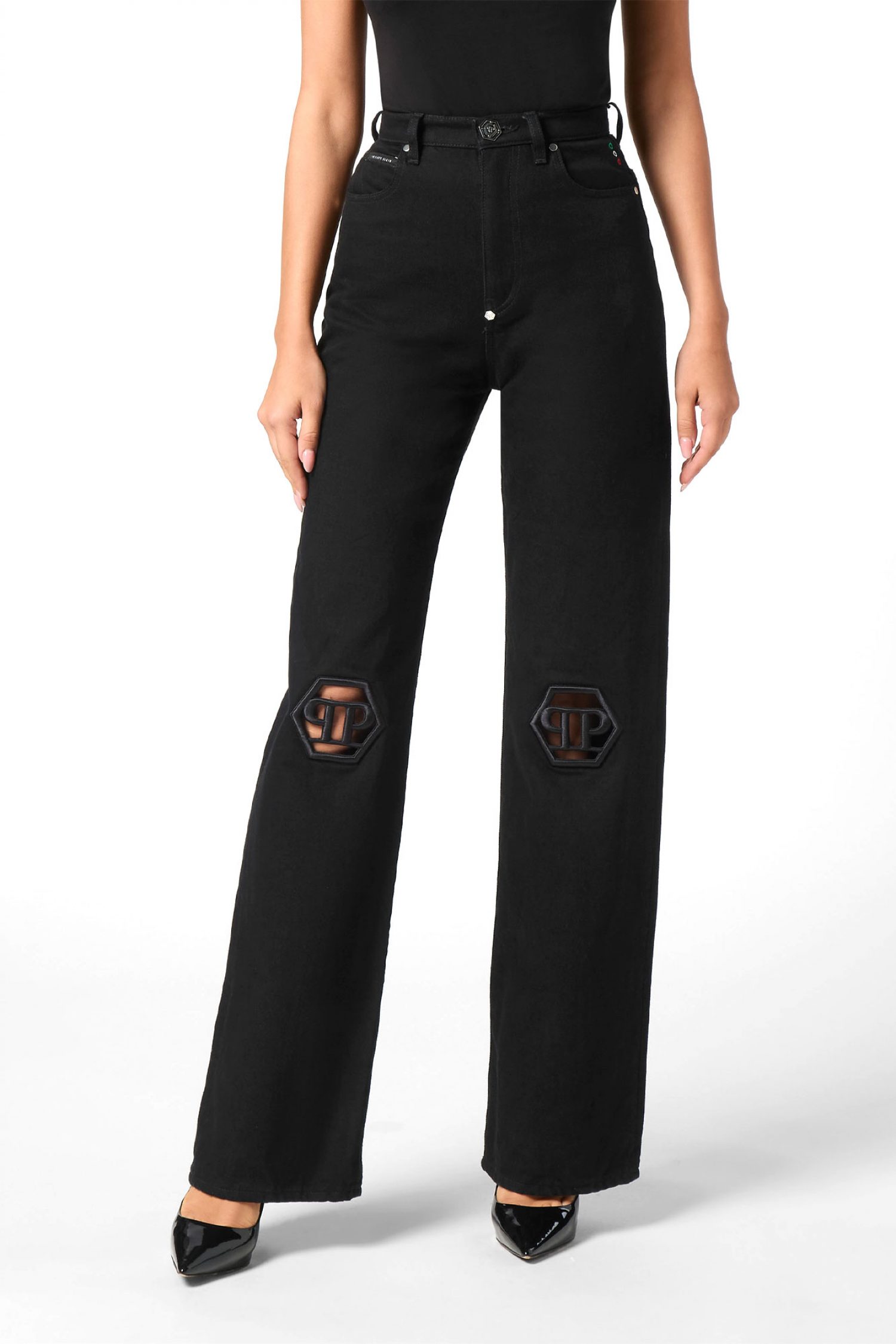 PHILIPP PLEIN ΠΑΝΤΕΛΟΝΙ JEANS SKATER FIT HEXAGON LOGO ΜΑΥΡΟ