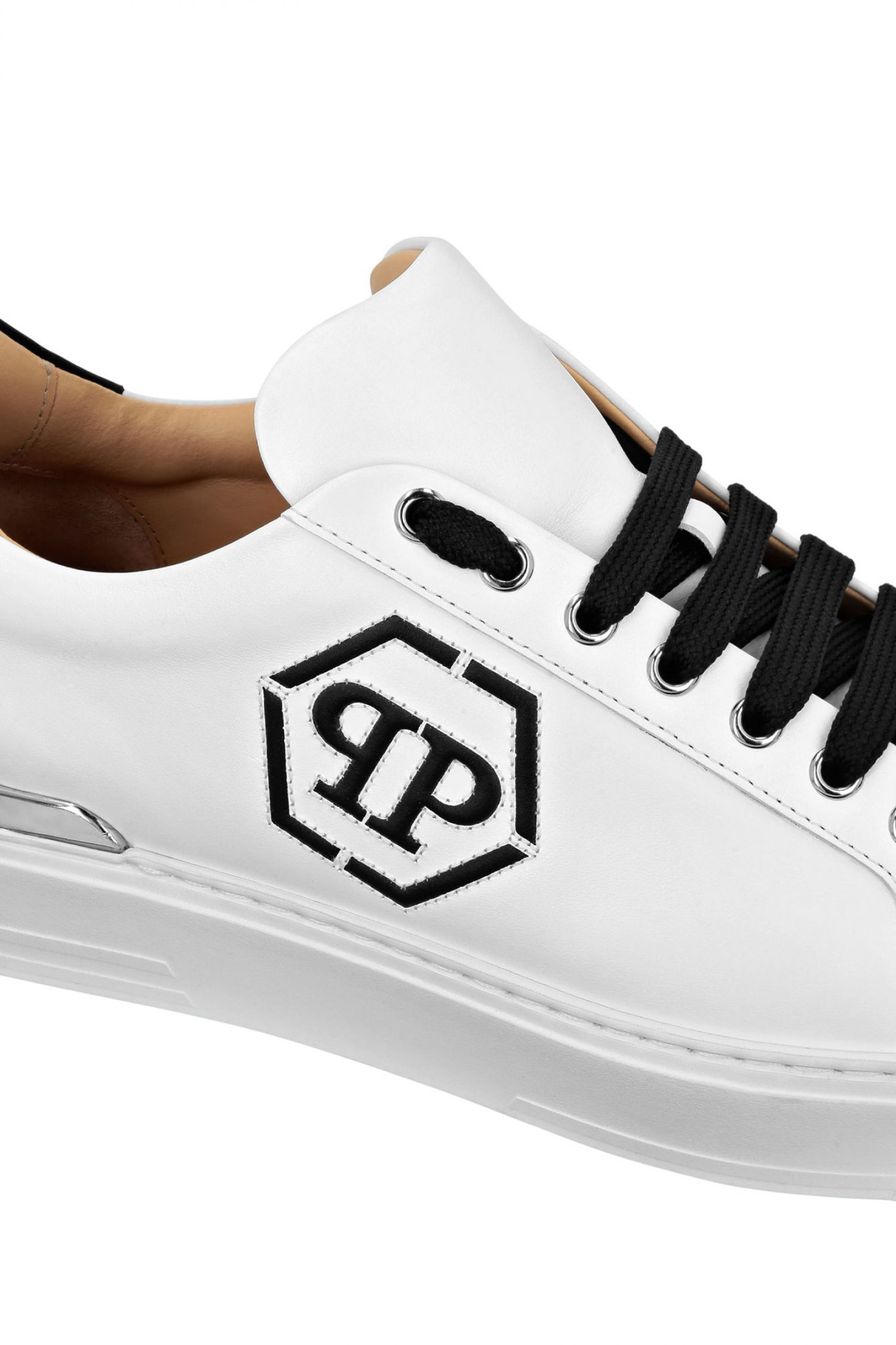 PHILIPP PLEIN ΠΑΠΟΥΤΣΙΑ SNEAKERS NAPPA LEATHER LO-TOP HEXAGON LOGO ΛΕΥΚΟ