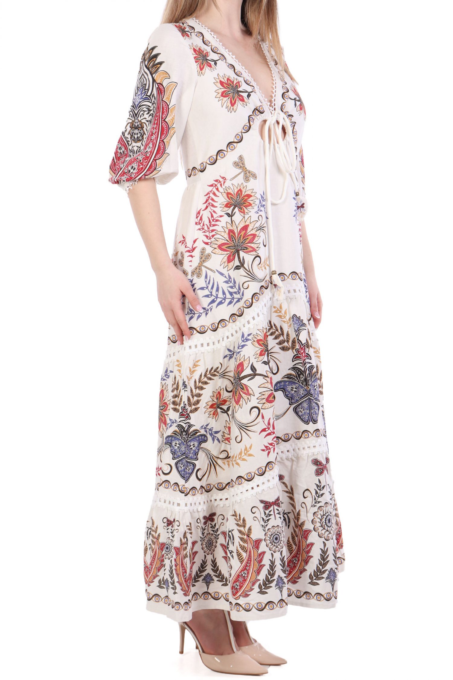 FARM RIO ΦΟΡΕΜΑ MAXI BOHO GLAM ΑΝΟΙΓΜΑ ΜΠΡΟΣΤΑ ΕΜΠΡΙΜΕ ΕΚΡΟΥ