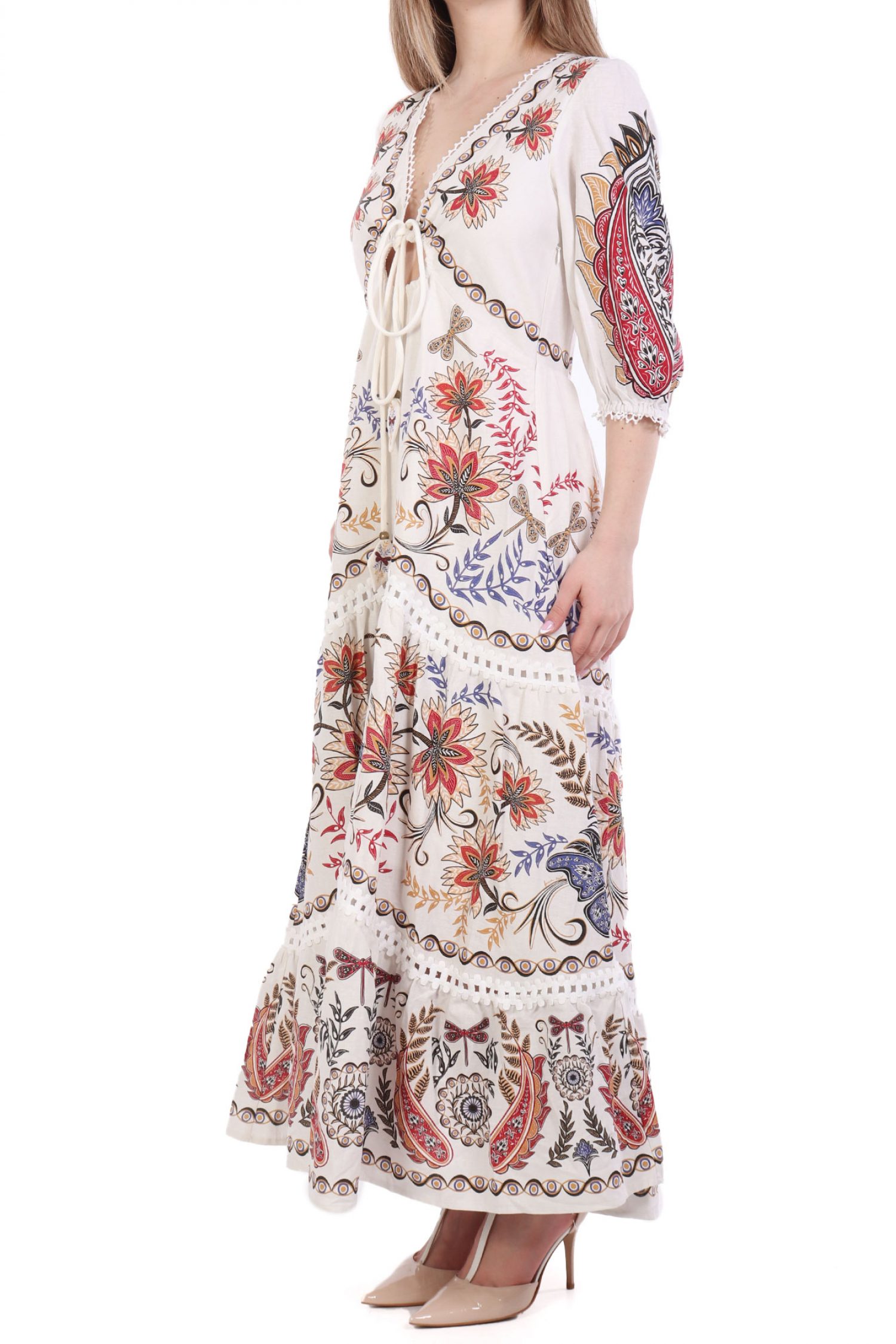 FARM RIO ΦΟΡΕΜΑ MAXI BOHO GLAM ΑΝΟΙΓΜΑ ΜΠΡΟΣΤΑ ΕΜΠΡΙΜΕ ΕΚΡΟΥ