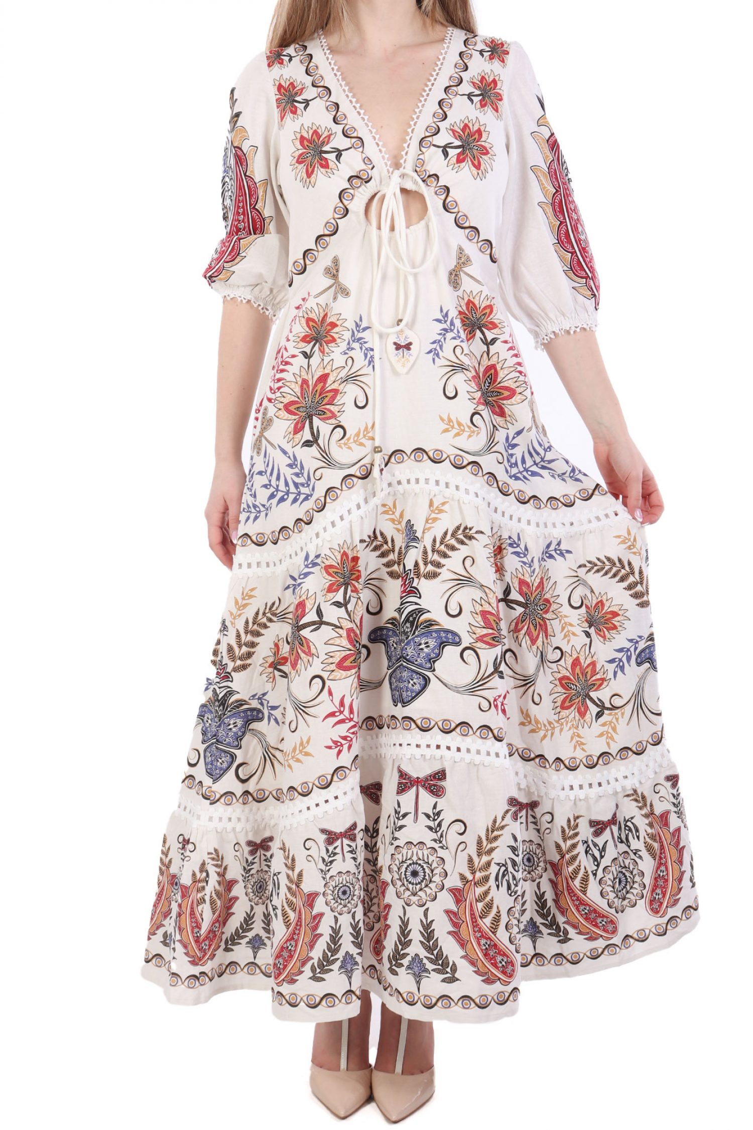 FARM RIO ΦΟΡΕΜΑ MAXI BOHO GLAM ΑΝΟΙΓΜΑ ΜΠΡΟΣΤΑ ΕΜΠΡΙΜΕ ΕΚΡΟΥ