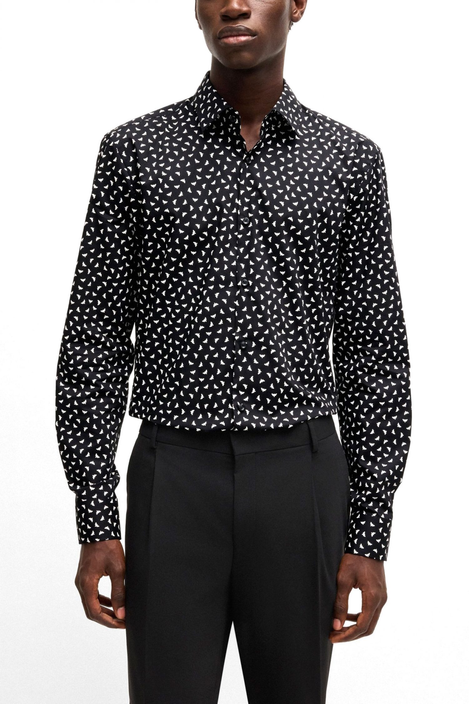 HUGO ΠΟΥΚΑΜΙΣΟ KΕΝΝΟ SLIM FIT ΜΙΚΡΟΣΧΕΔΙΟ ΜΑΥΡΟ-ΛΕΥΚΟ