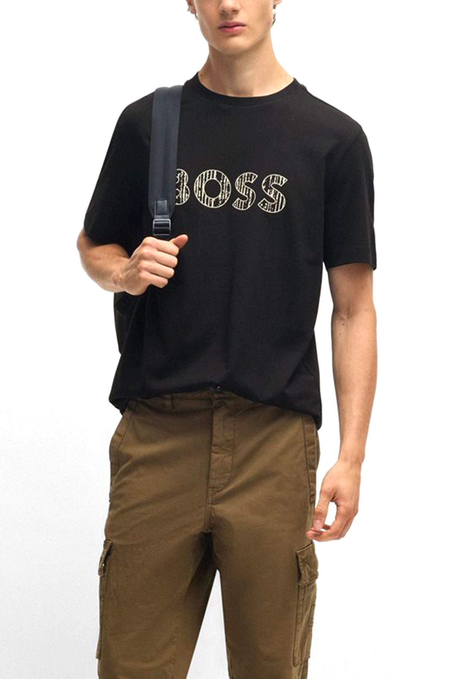 BOSS CASUAL T-SHIRT ΜΕ ΣΤΑΜΠΑ REGULAR FIT TE_lOGOTEXTURE ΜΑΥΡΟ