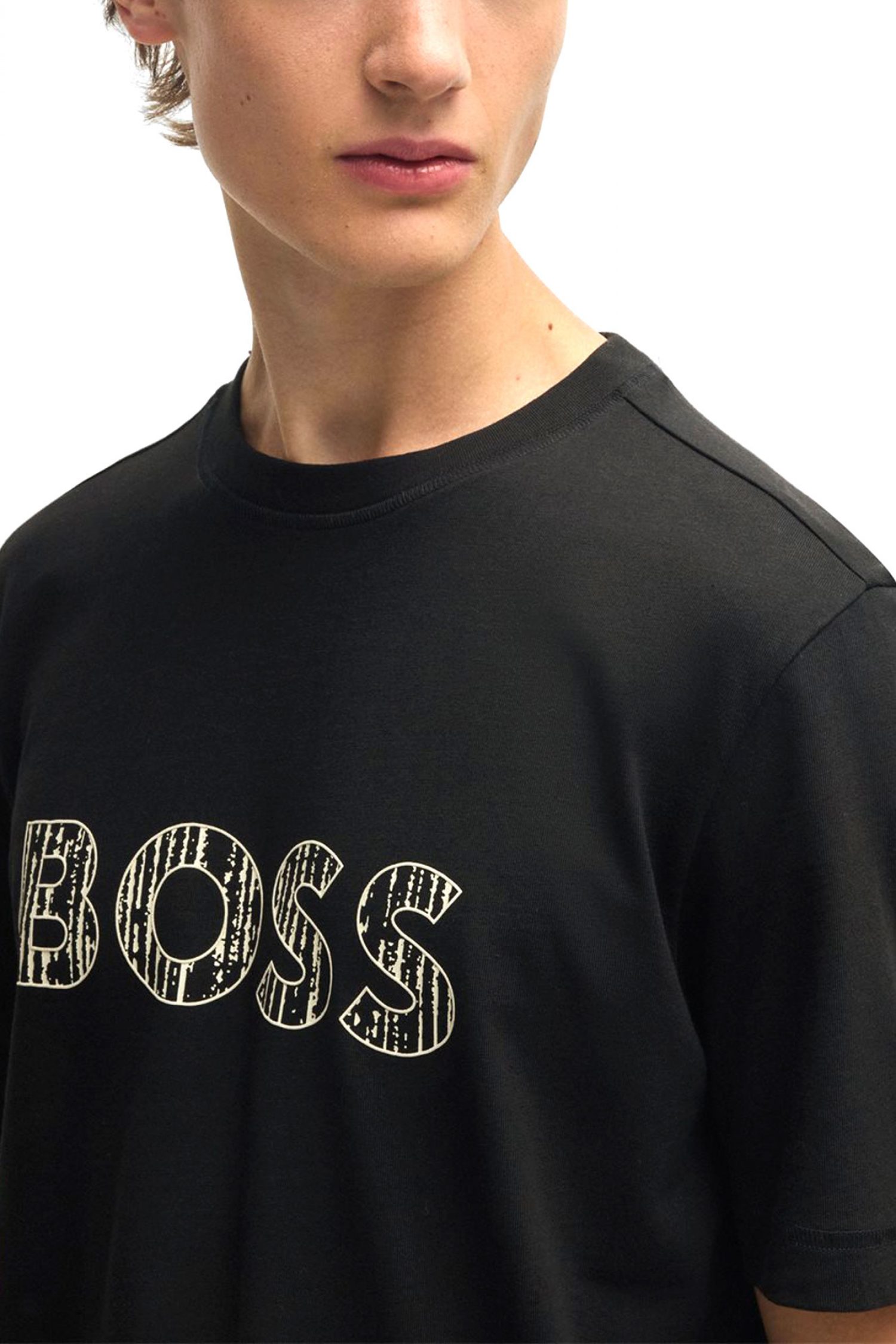 BOSS CASUAL T-SHIRT ΜΕ ΣΤΑΜΠΑ REGULAR FIT TE_lOGOTEXTURE ΜΑΥΡΟ