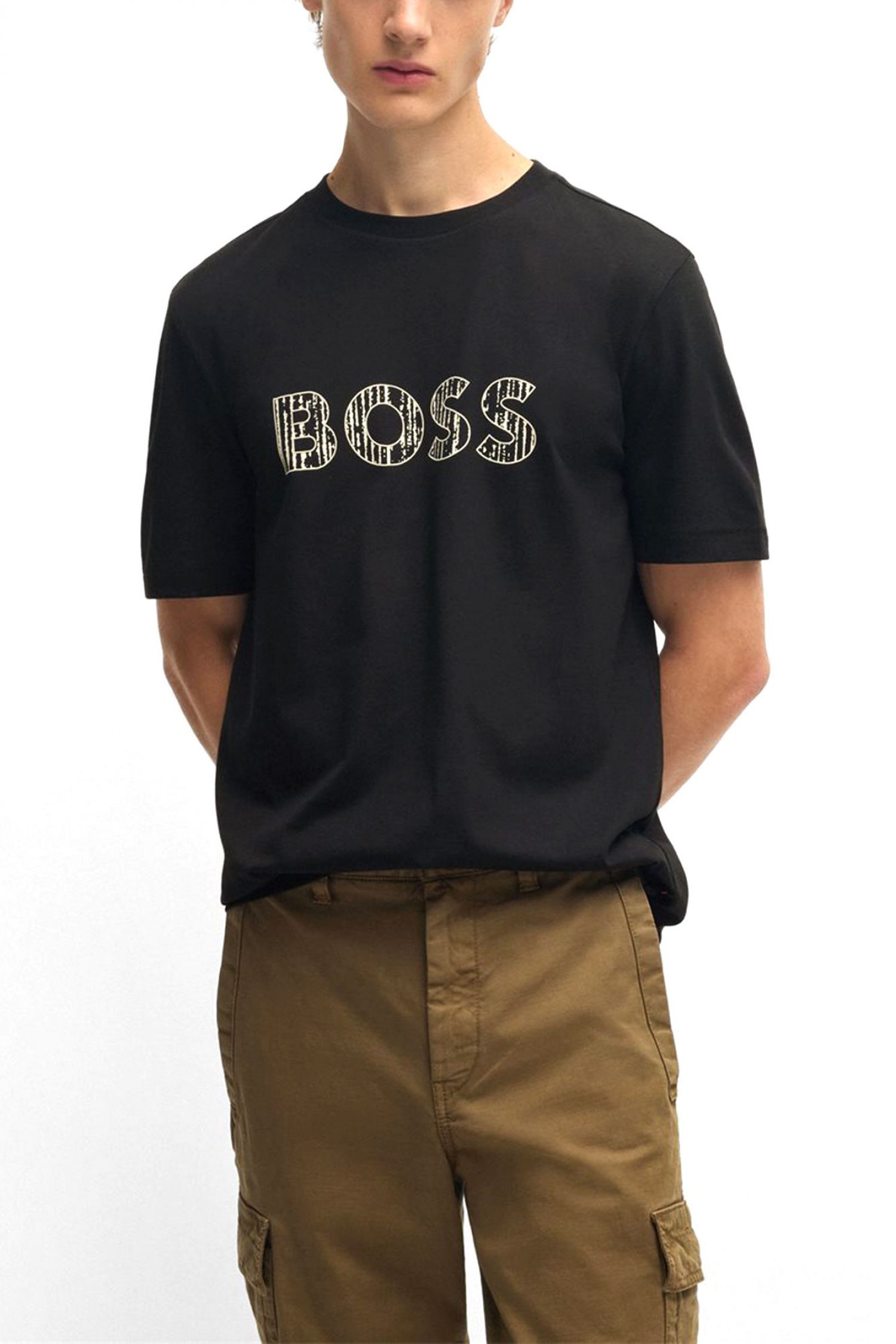 BOSS CASUAL T-SHIRT ΜΕ ΣΤΑΜΠΑ REGULAR FIT TE_lOGOTEXTURE ΜΑΥΡΟ