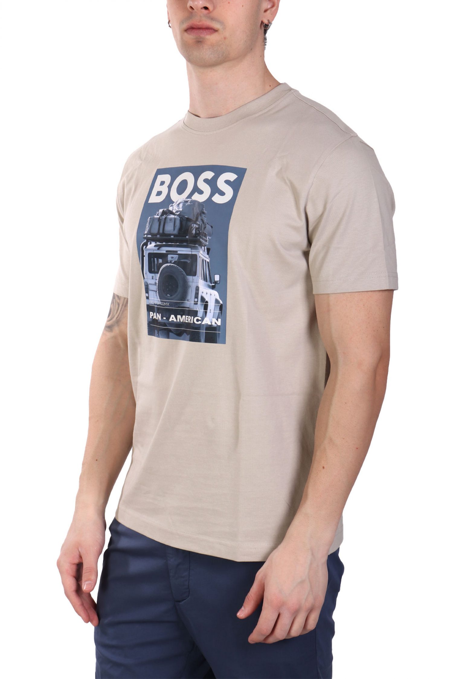 BOSS CASUAL T-SHIRT ΜΕ ΣΤΑΜΠΑ REGULAR FIT TE_MEXTOUR ΑΝΟΙΧΤΟ ΜΠΕΖ